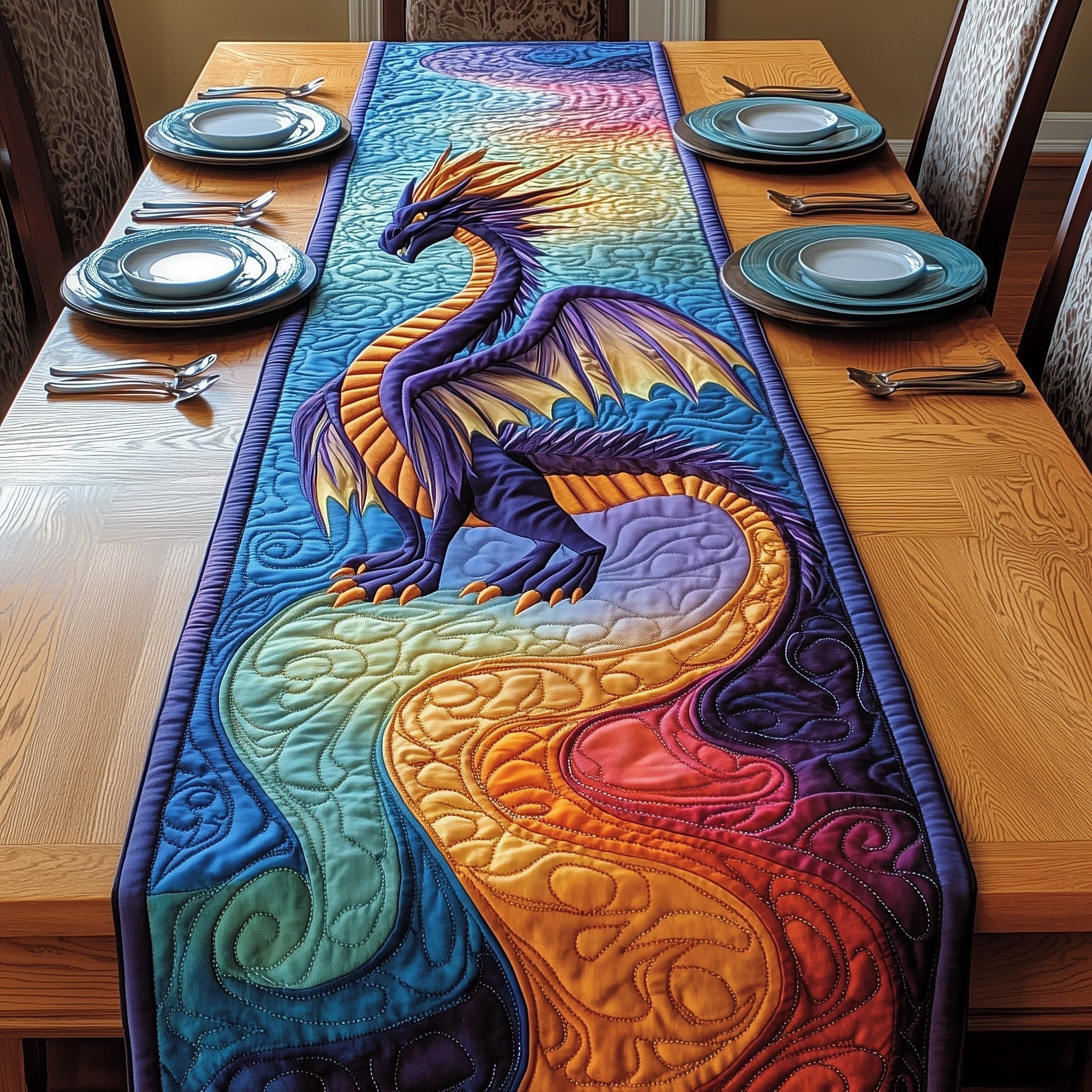 Majestic Dragon Quilted Table Runner Elegant Dining Table Runner Dragon Themed Gifts