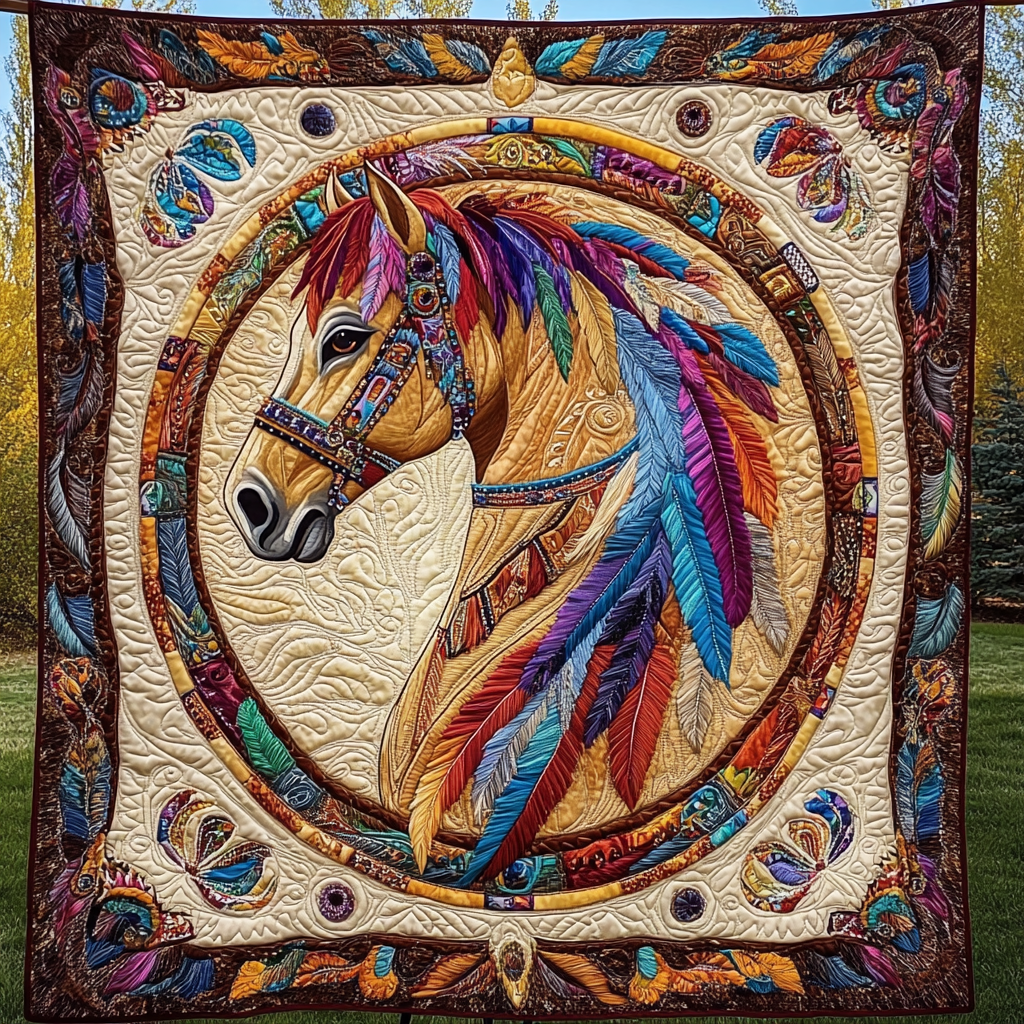 Majestic Feathered Stallion Quilted Blanket Bed Decorations Native American Wedding Gifts