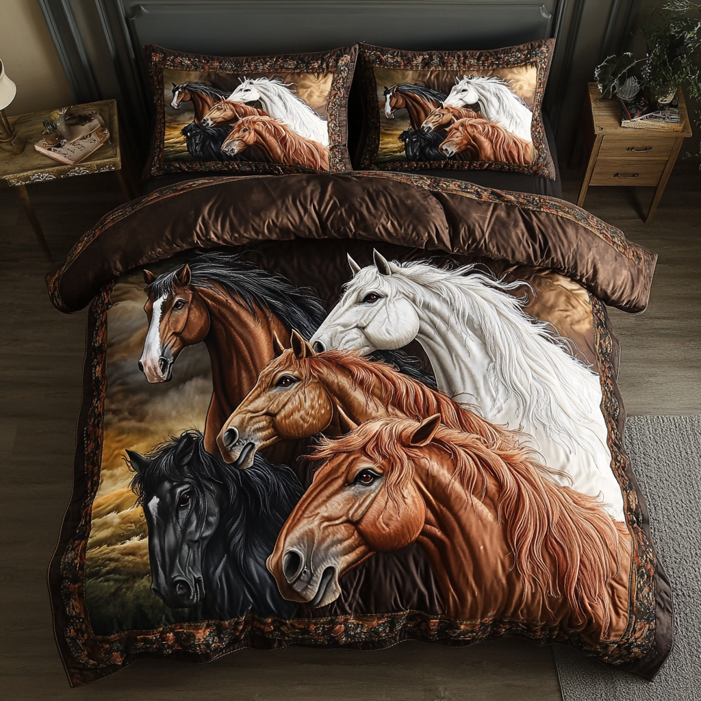 Majestic Horse Gallop Quilted Bedding Set Unique Bed Sheets Gifts For Horse Racing Fans