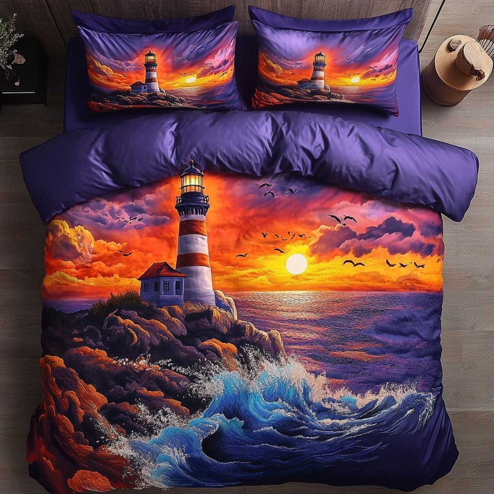 Majestic Lighthouse Quilted Bedding Set Sunset Themed Bed Decor Gifts Ideas