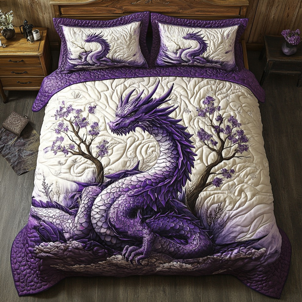 Majestic Purple Dragon Quilted Bedding Set Dragon Themed Duvet Cover Cool Gifts For Your Child