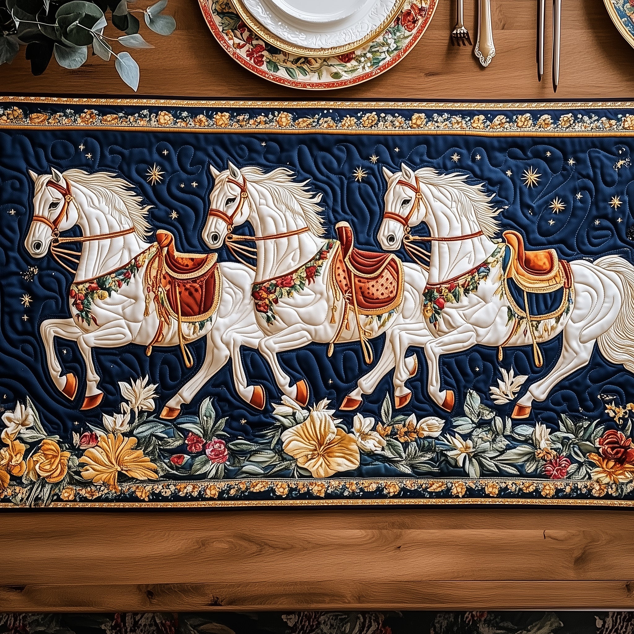 Majestic White Horses Quilted Table Runner Floral Table Runner Best Gifts For Horse People