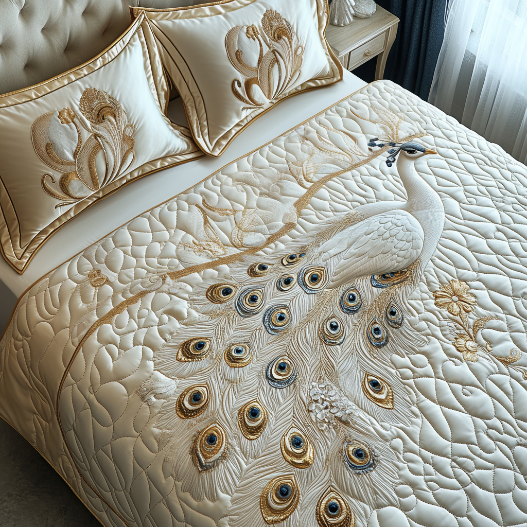 Majestic White Peacock Quilted Bedding Set Cool Bedroom Decor Best Gifts For Peacock Lovers
