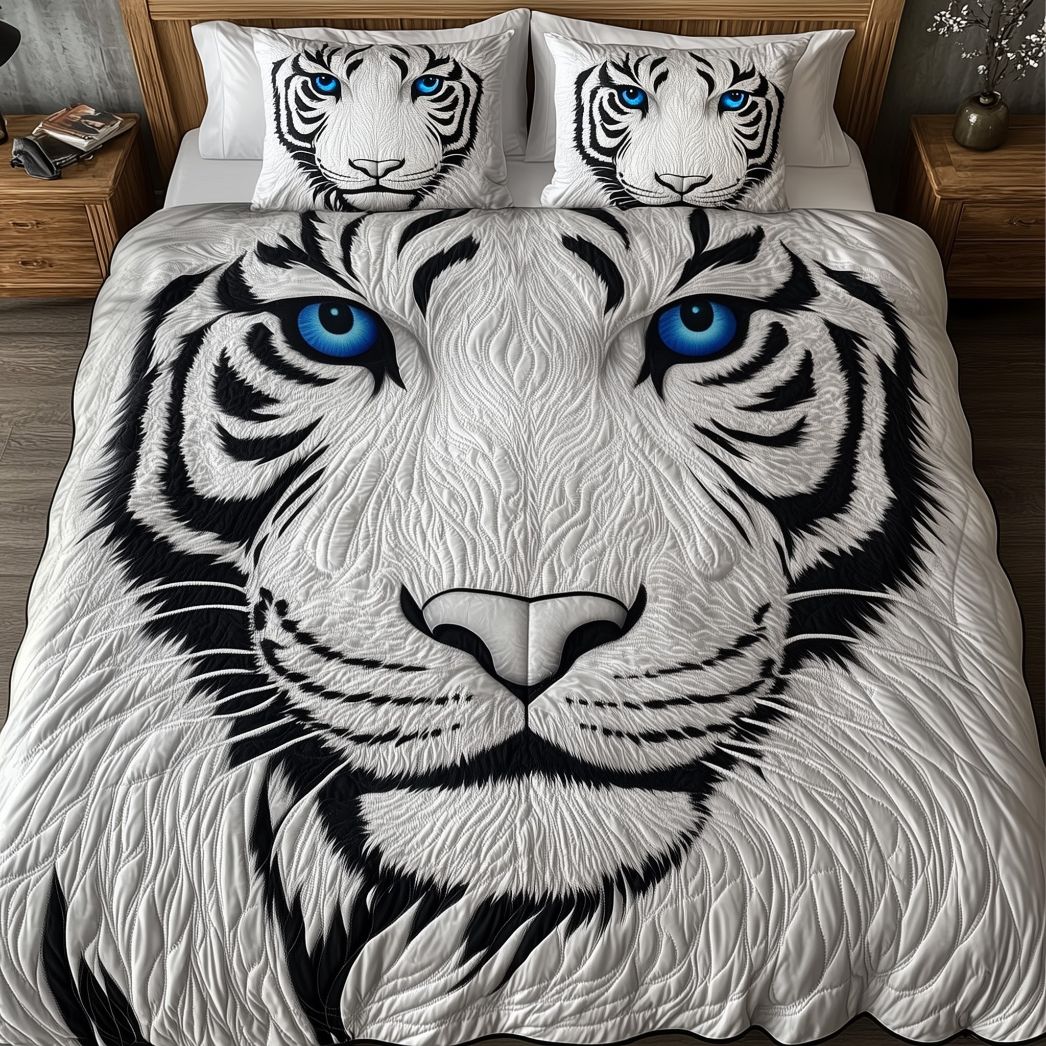 Majestic White Tiger Quilted Bedding Set Bedding Decor Tiger Gifts Father's Day