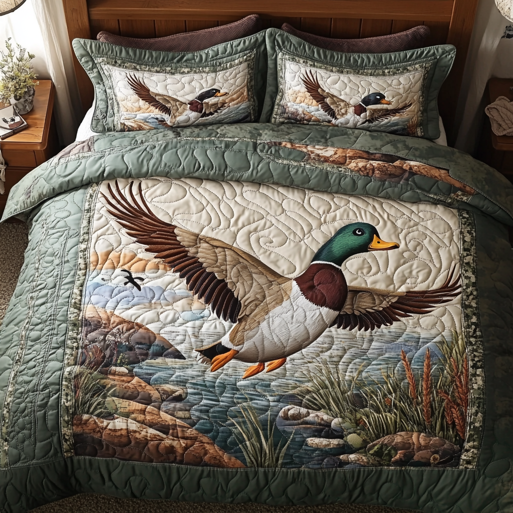 Mallard Ducks Adventure Quilted Bedding Set Cute Bedroom Decor Hunting Gifts For Him