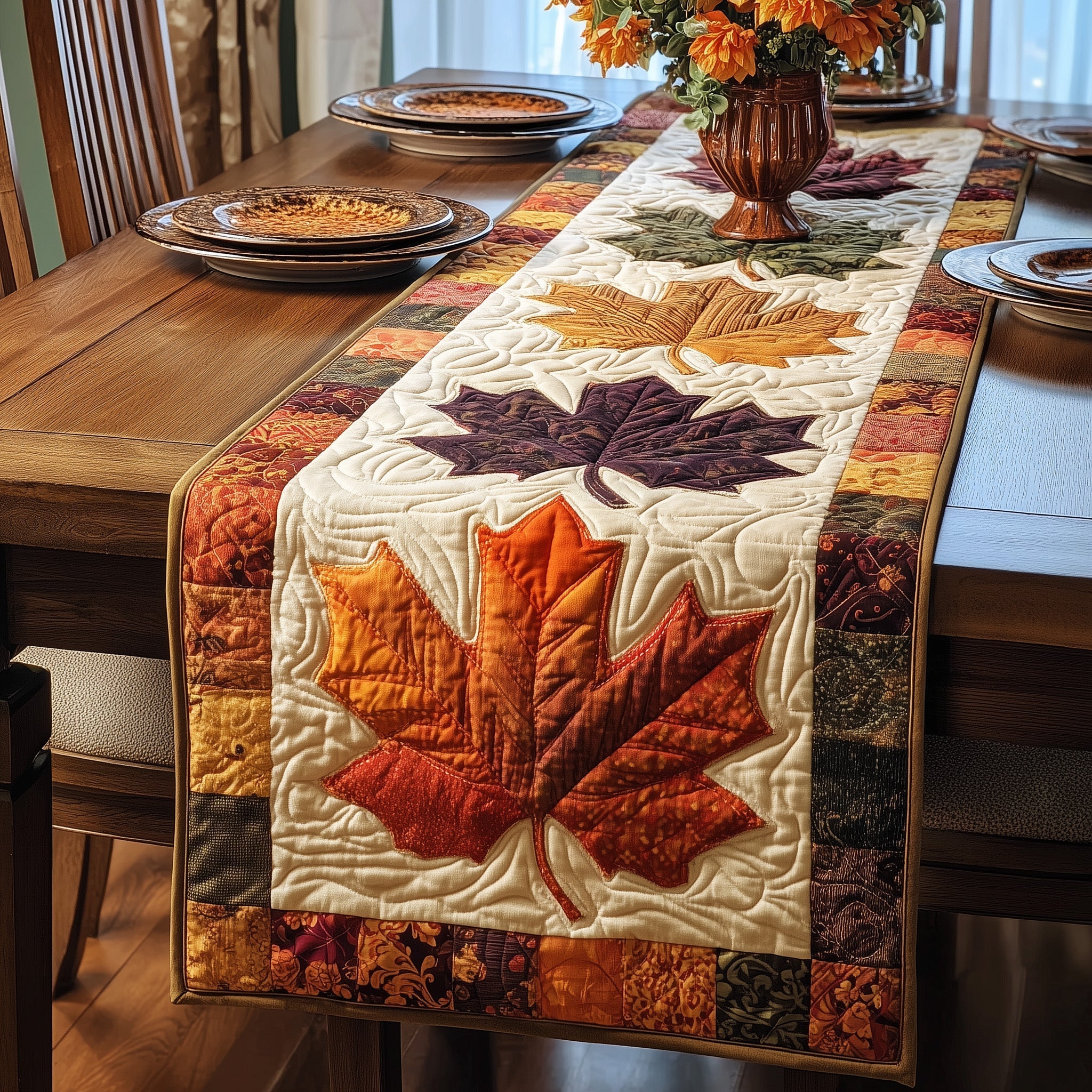 Maple Leaf Quilted Table Runner Boho Macrame Table Runner Cool Fall Gifts