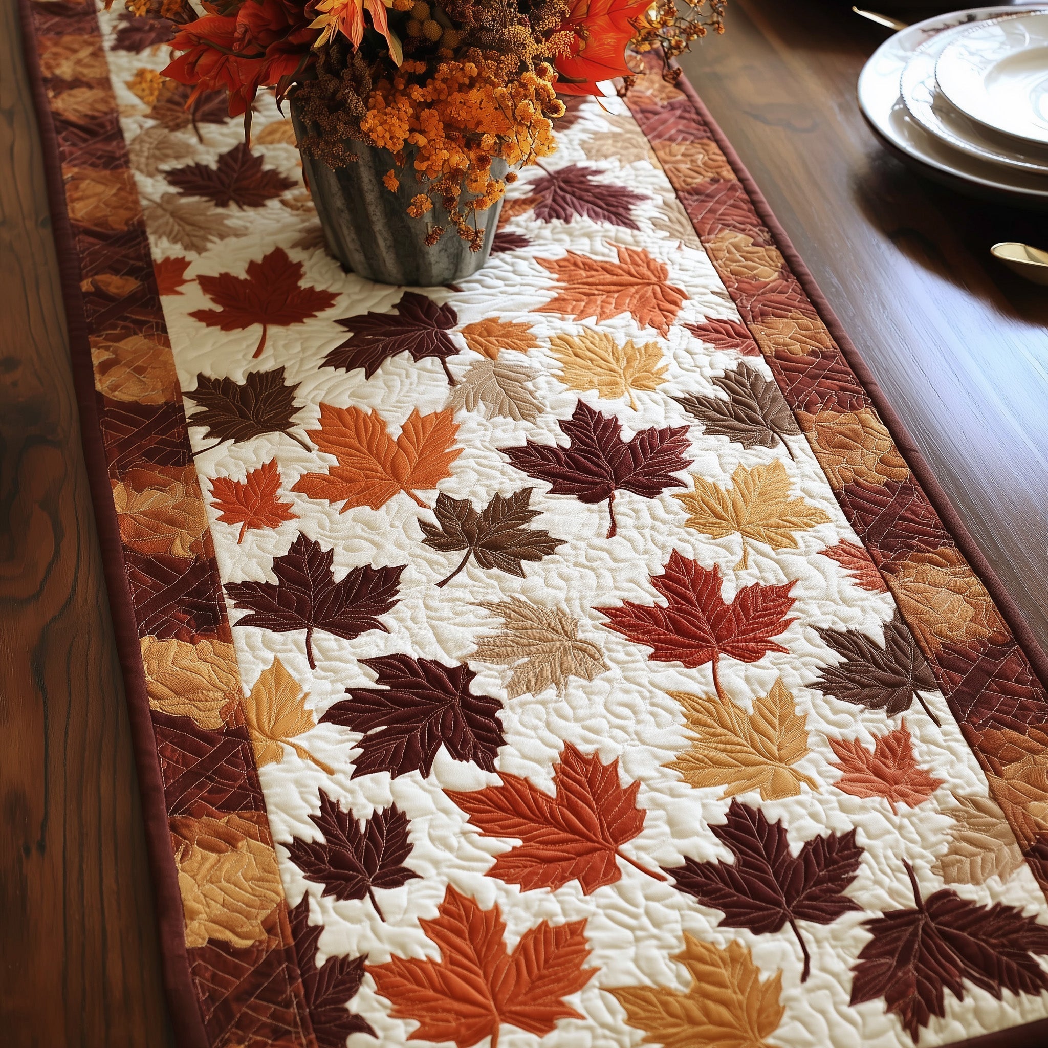 Maple Leaf Quilted Table Runner Halloween Home Decor Gift For Mid Autumn Festival