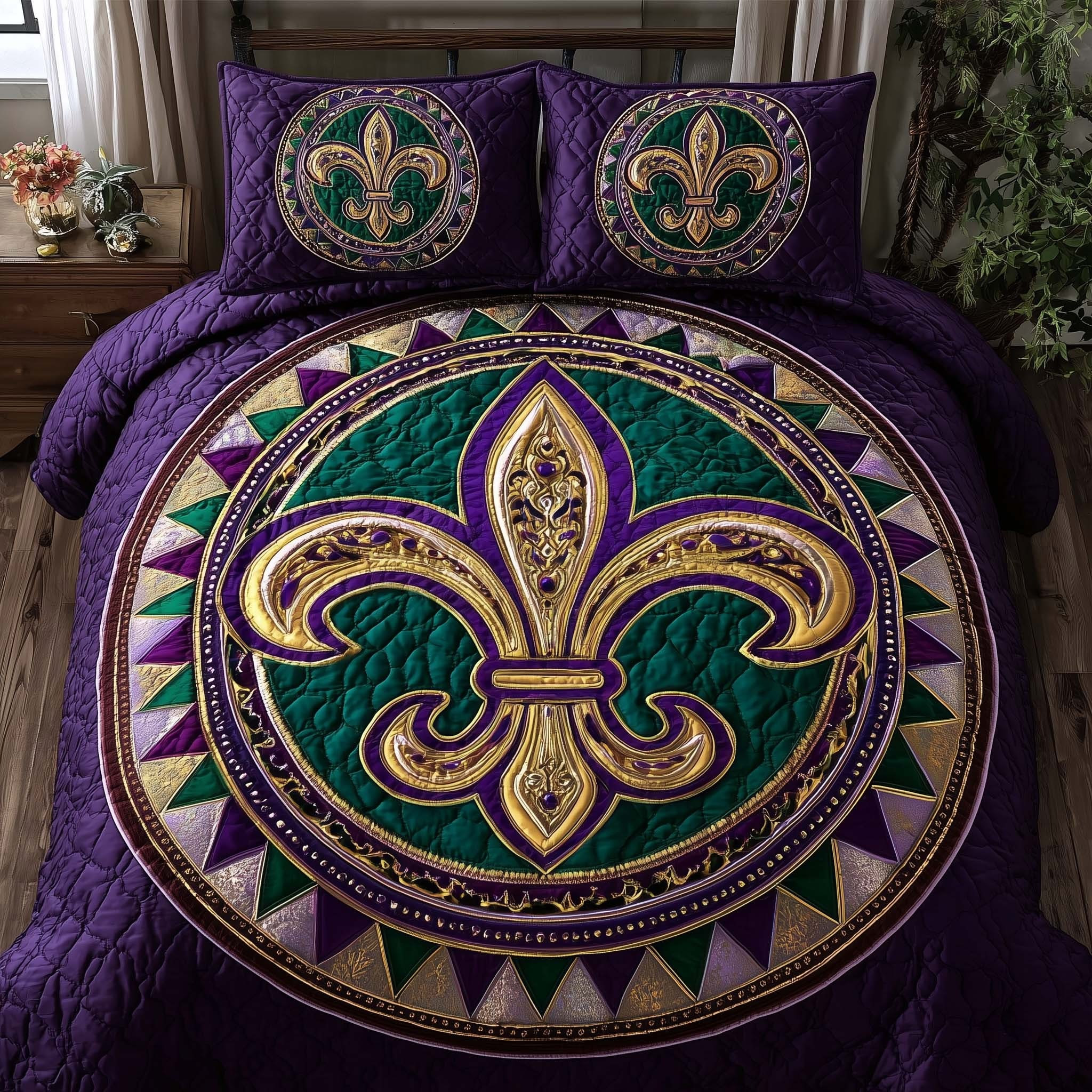 Mardi Gras Fleur De Lis Quilted Bedding Set New Orleans Carnival Bedroom Decorations