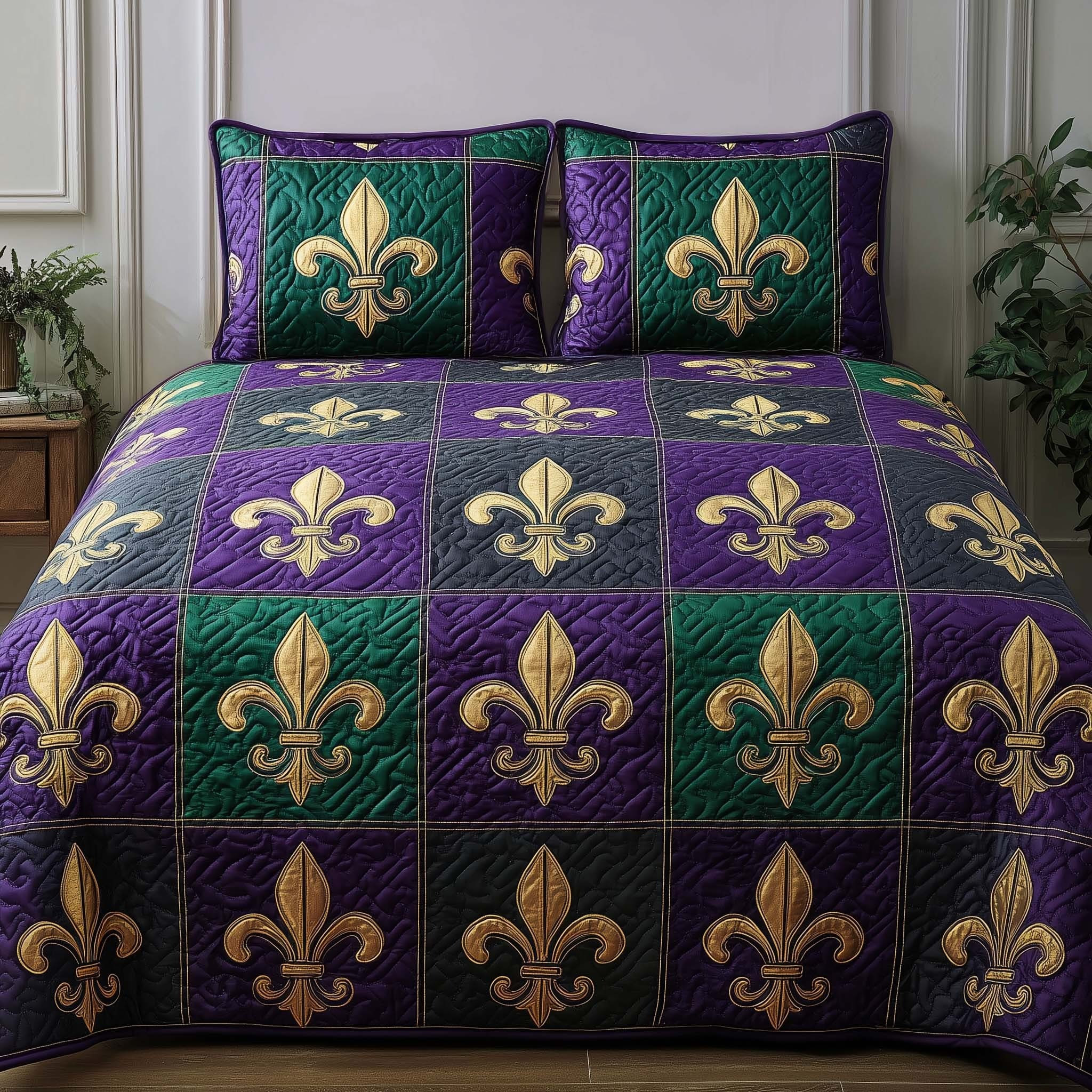 Mardi Gras Fleur De Lis Quilted Bedding Set Patchwork Carnival Bedroom Decorations Gifts Ideas