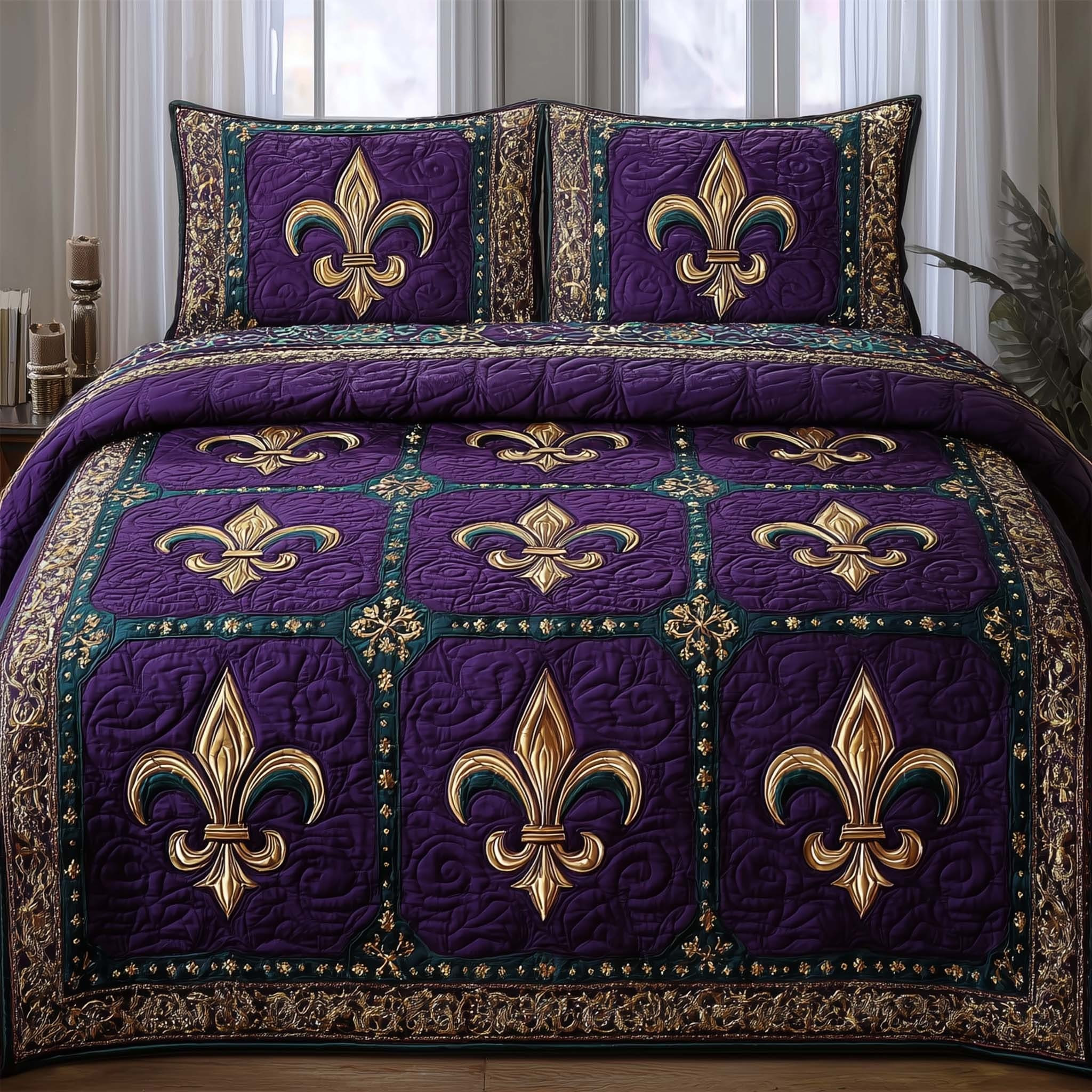 Mardi Gras Quilted Bedding Set Fleur De Lis Bedspread Set New Orleans Carnival Bedroom Decor