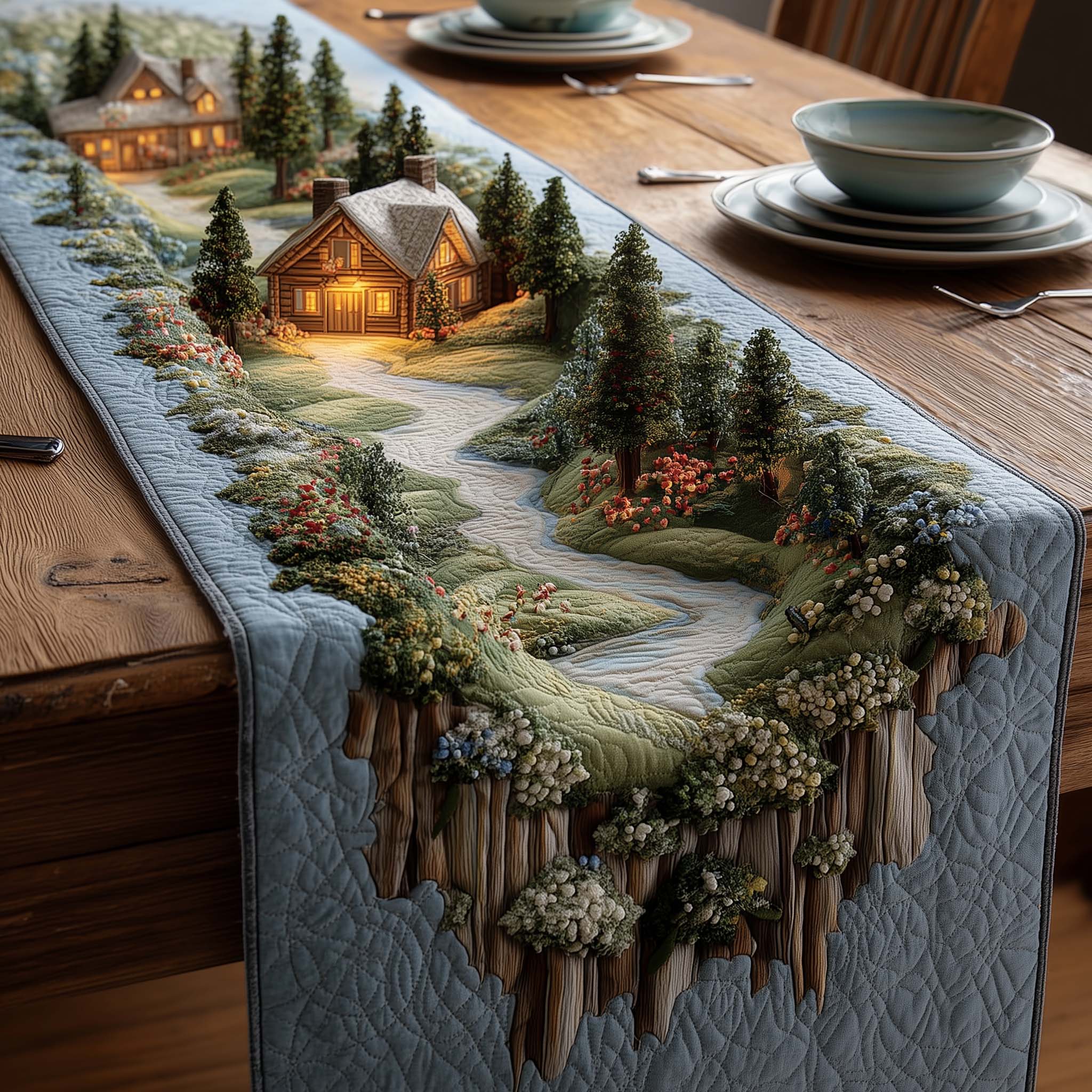 Meadow Cabin Quilted Table Runner Dining Table Runner Mother's Day Gifts