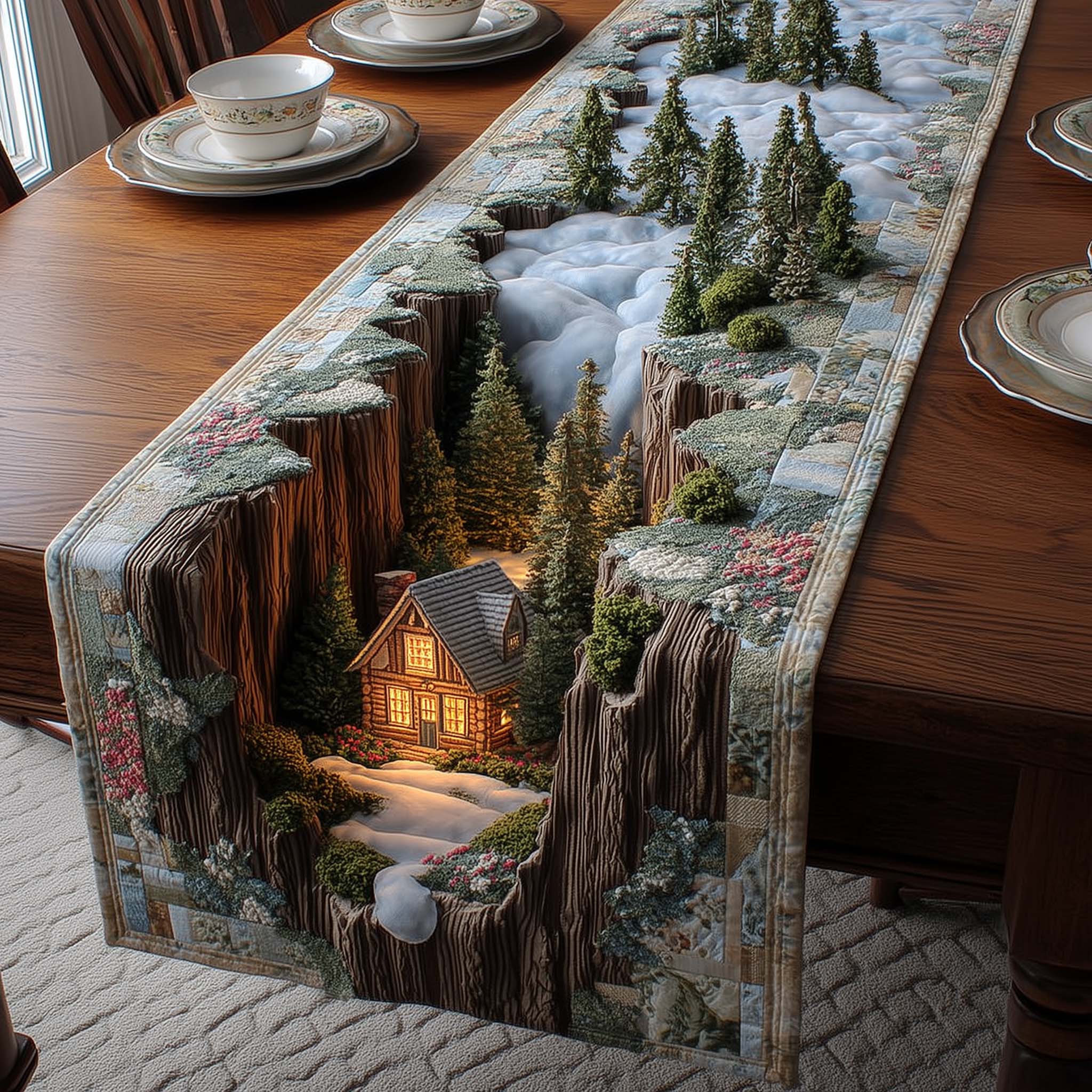 Meadow Cabin Quilted Table Runner Unique Table Runner Moms Day Gift