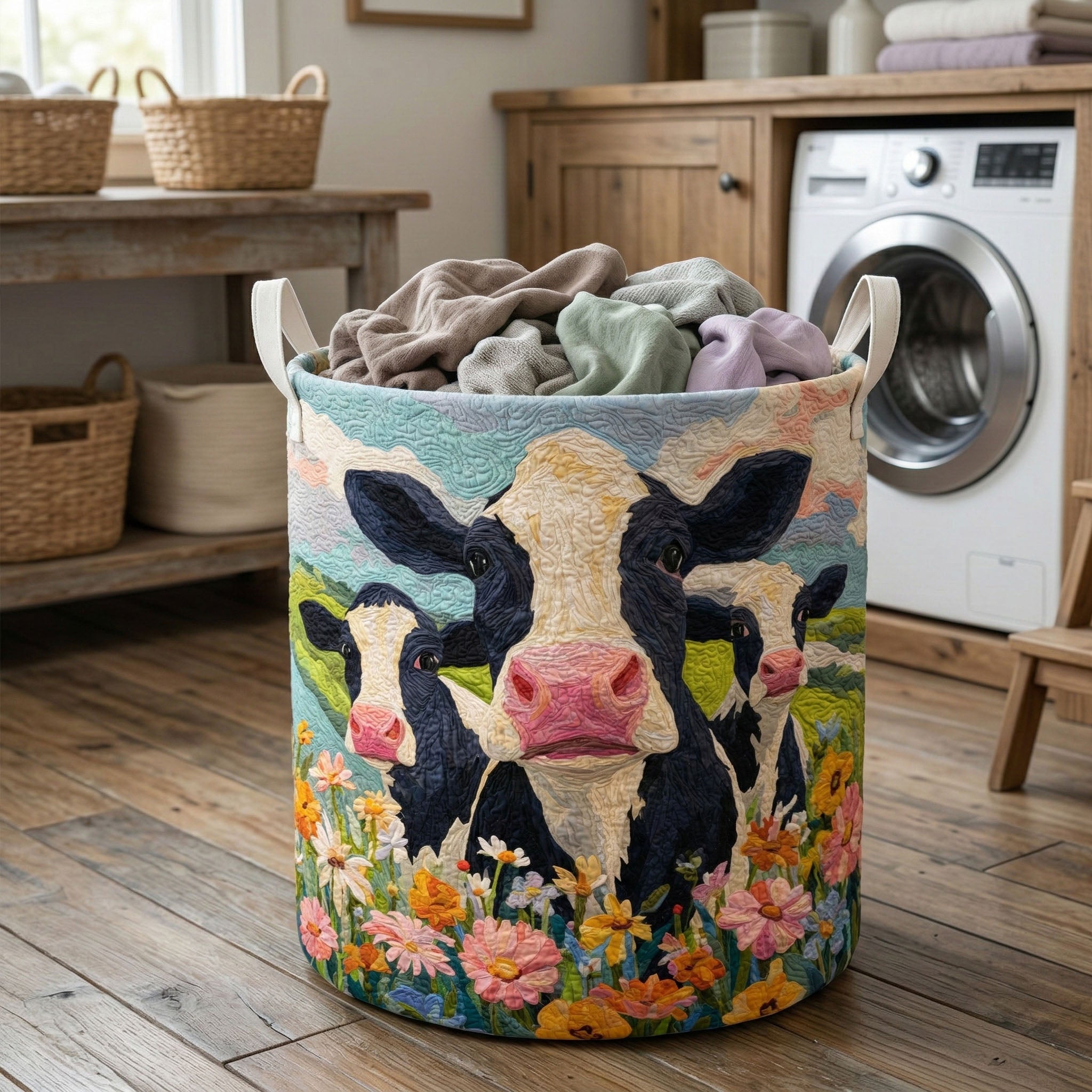 Meadow Cow Trio Quilted Laundry Basket Nice Laundry Hamper Cute Cat Gifts