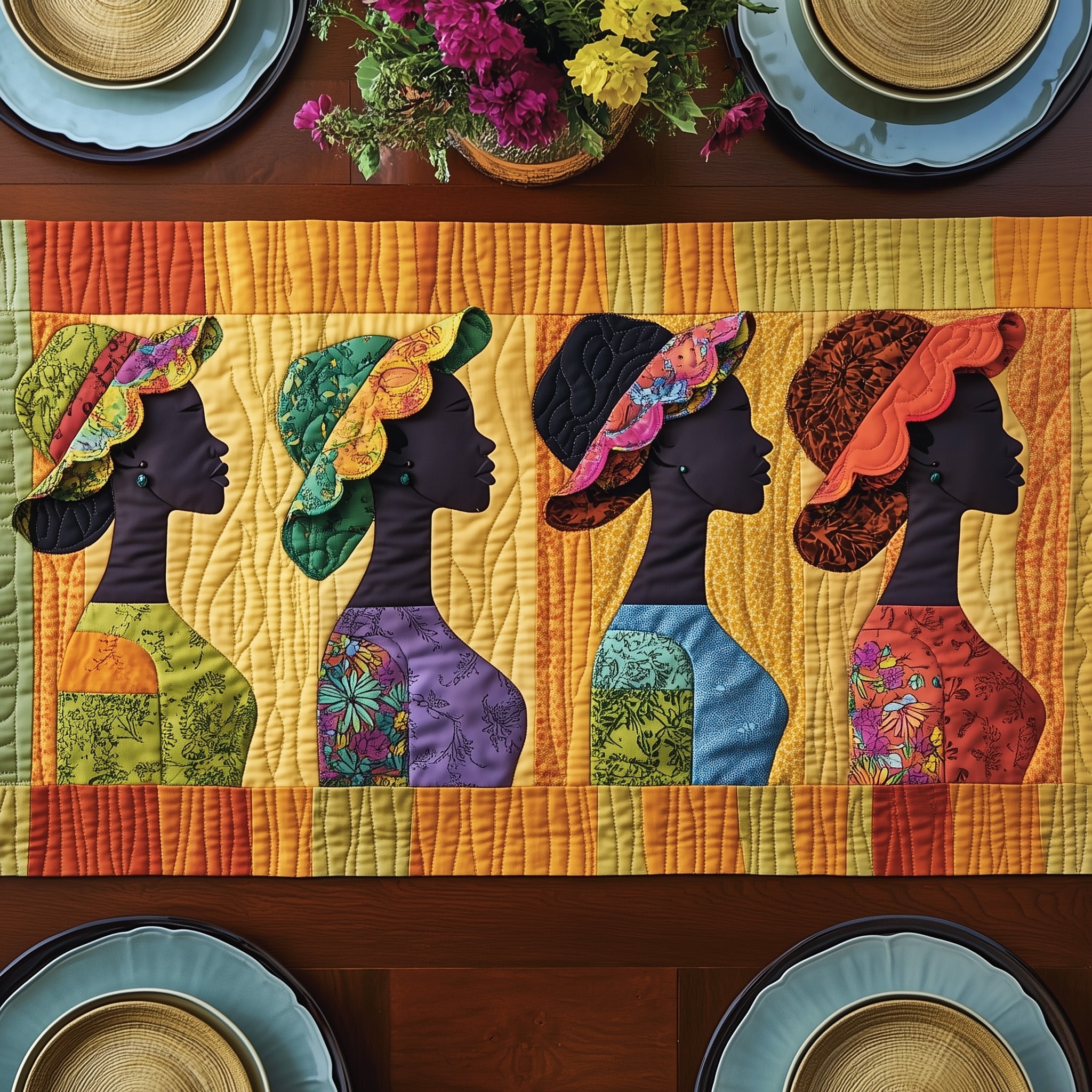 Melanin and Sunbonnet Quilted Table Runner Dining Table Decor Ideas African American Gifts For Women
