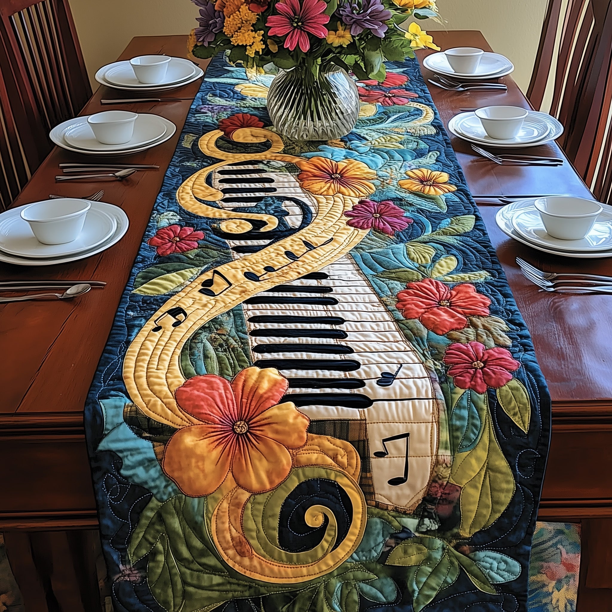 Melody in Bloom Quilted Table Runner Dinner Table Decor Cool Gifts For Piano Players