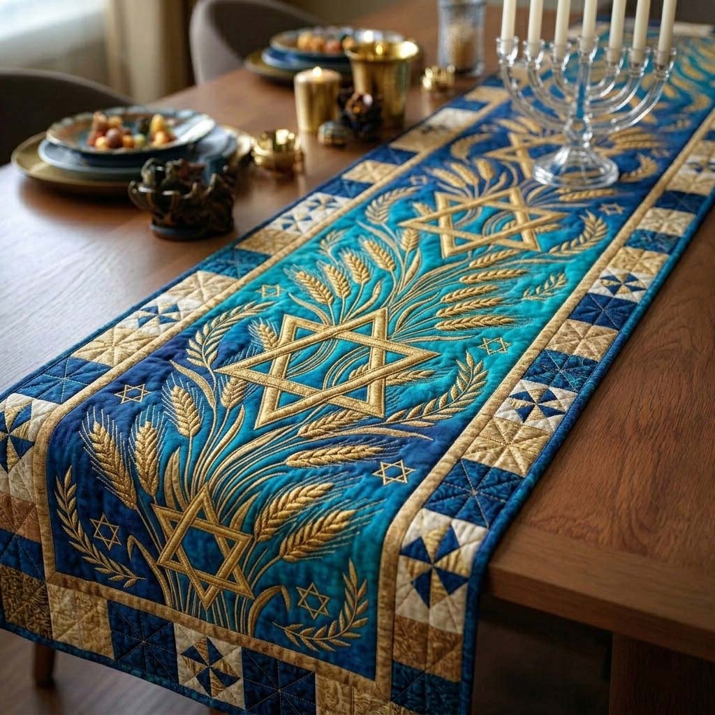 Menorah Wheat Glow Quilted Table Runner Holiday Table Decorations Passover Gifts
