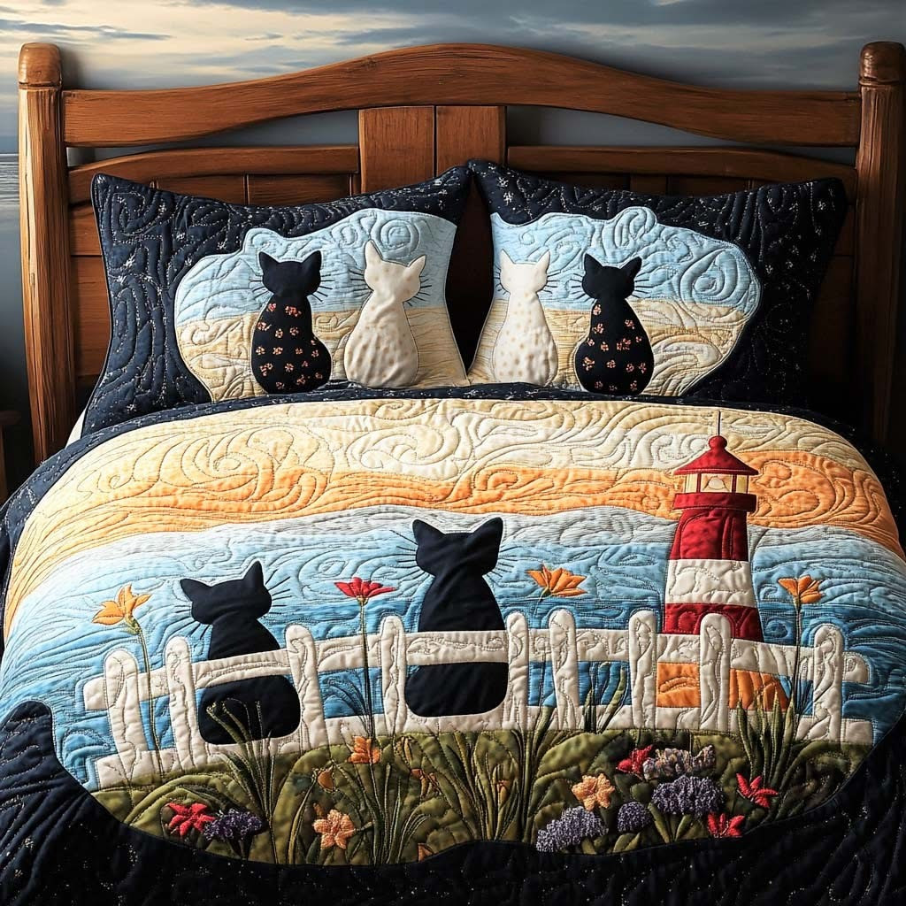 Meow Family Quilted Bedding Set Cute Animal Bedspread Gifts For Cat Lovers Owners