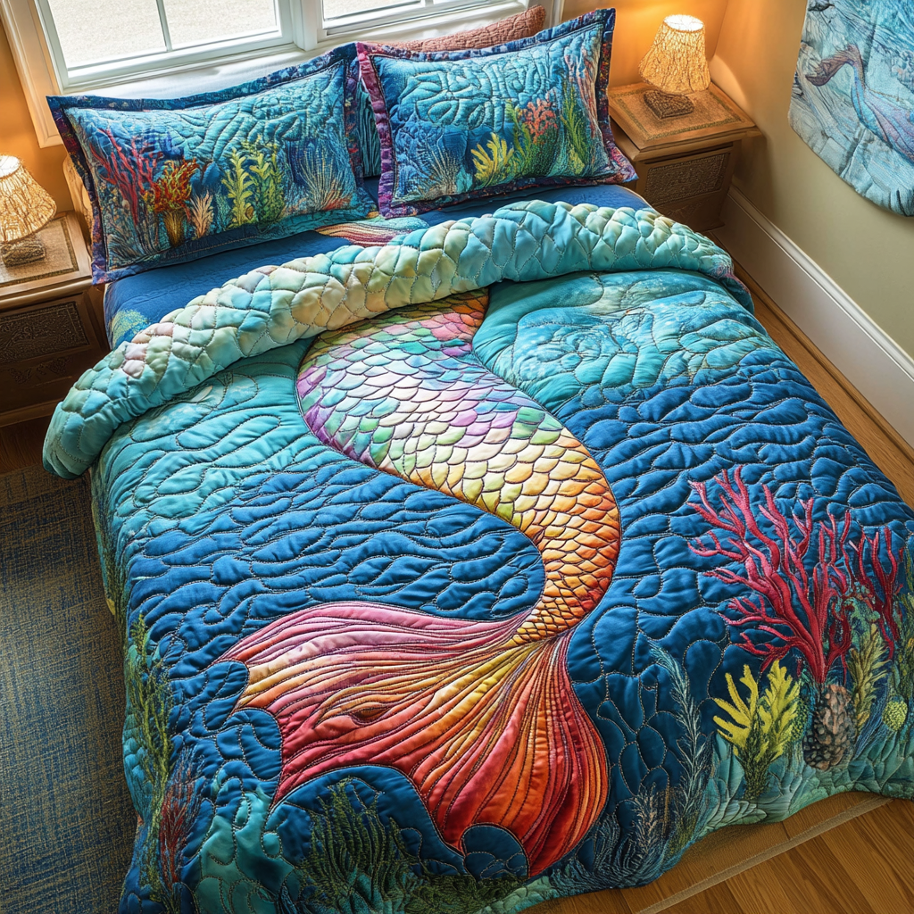 Mermaid Hideaway Quilted Bedding Set Best Bed Sheet Set Turtle Gifts For Her