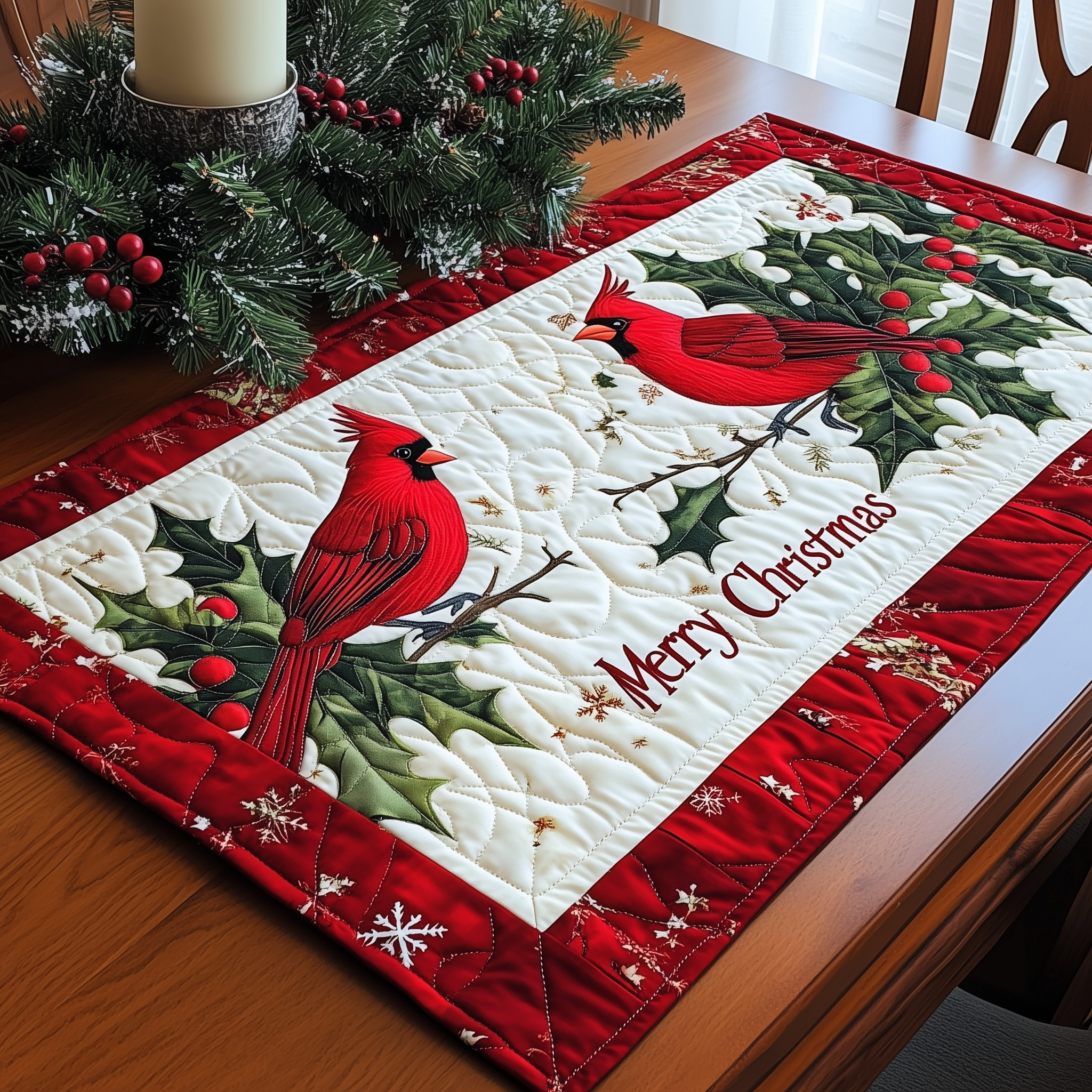 Merry Christmas Cardinal Quilted Table Runner Christmas Dining Table Runner Family Xmas Presents