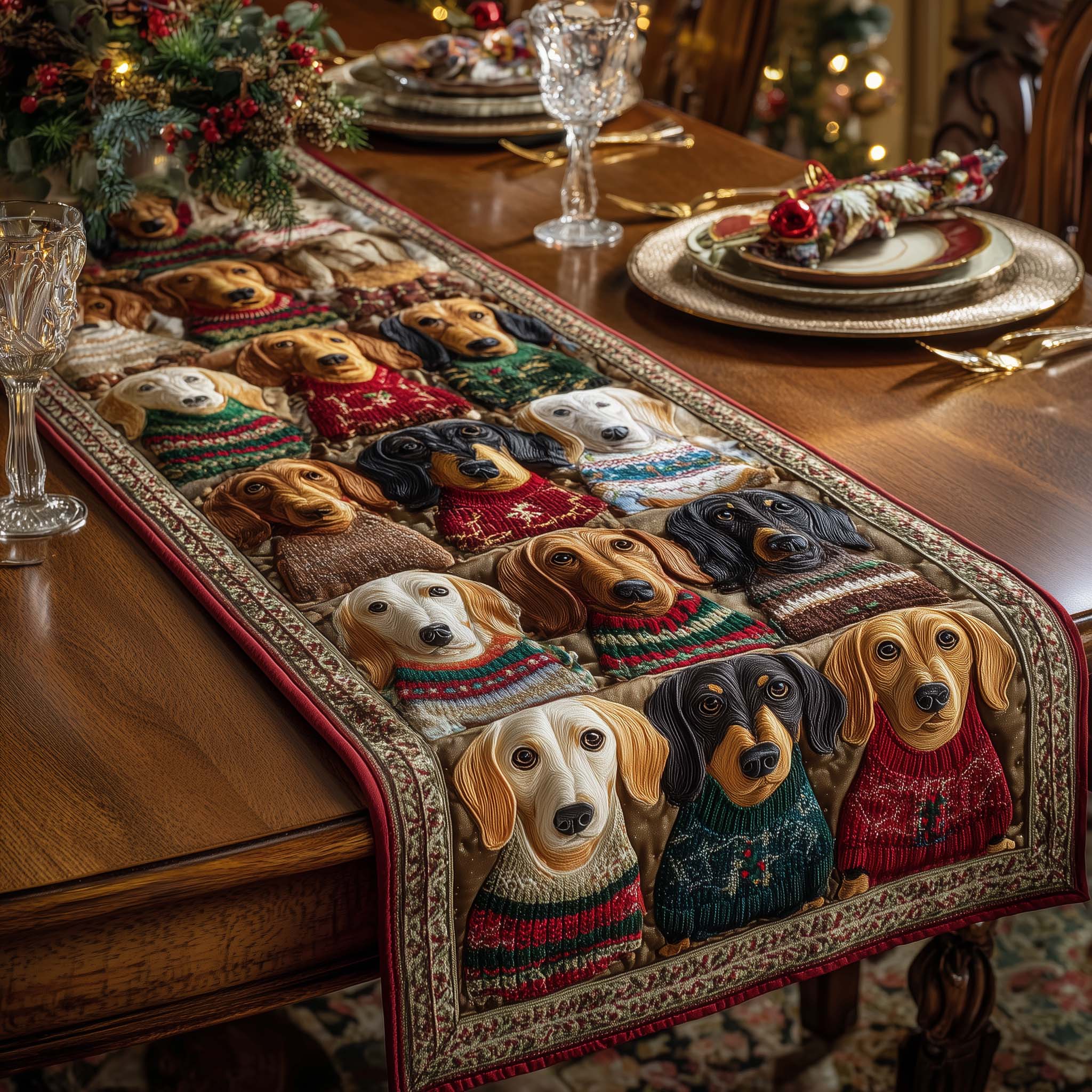 Merry Dachshund Charm Quilted Table Runner Christmas Themed Table Runner Last Minute Christmas Gifts