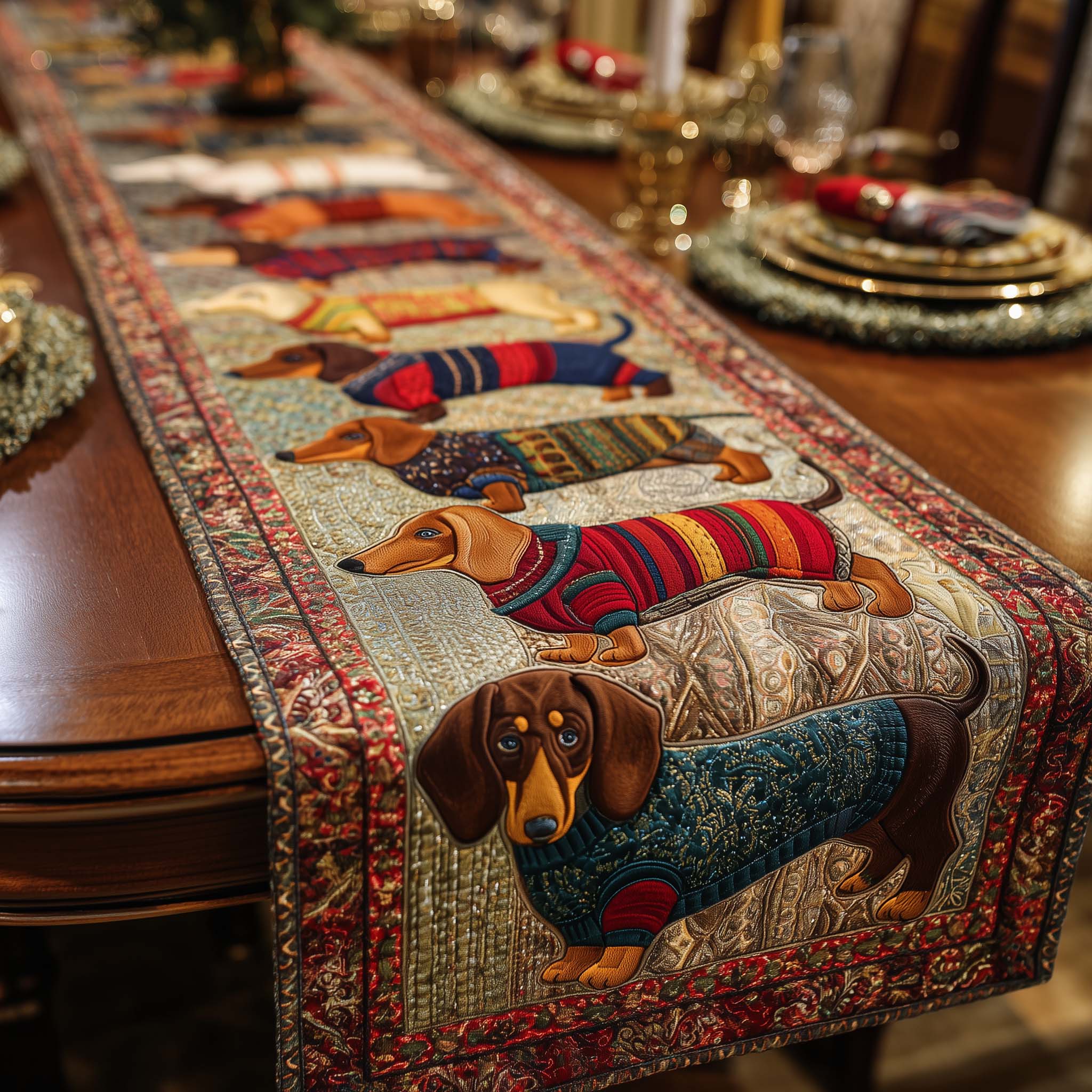 Merry Dachshund Charm Quilted Table Runner Dining Table Xmas Decor Christmas Gifts For Girlfriend