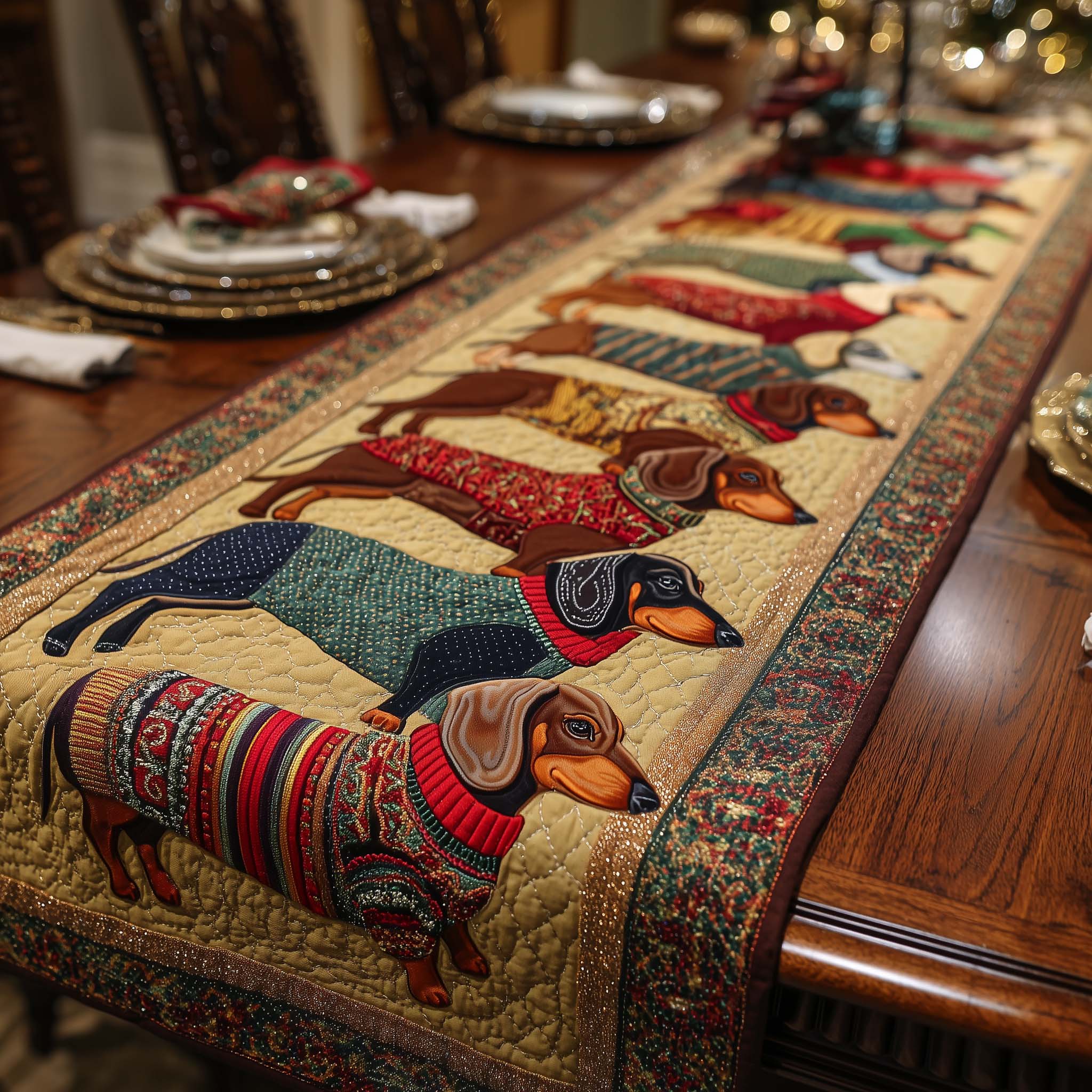 Merry Dachshund Charm Quilted Table Runner Elegant Holiday Decor Good Gifts For Christmas