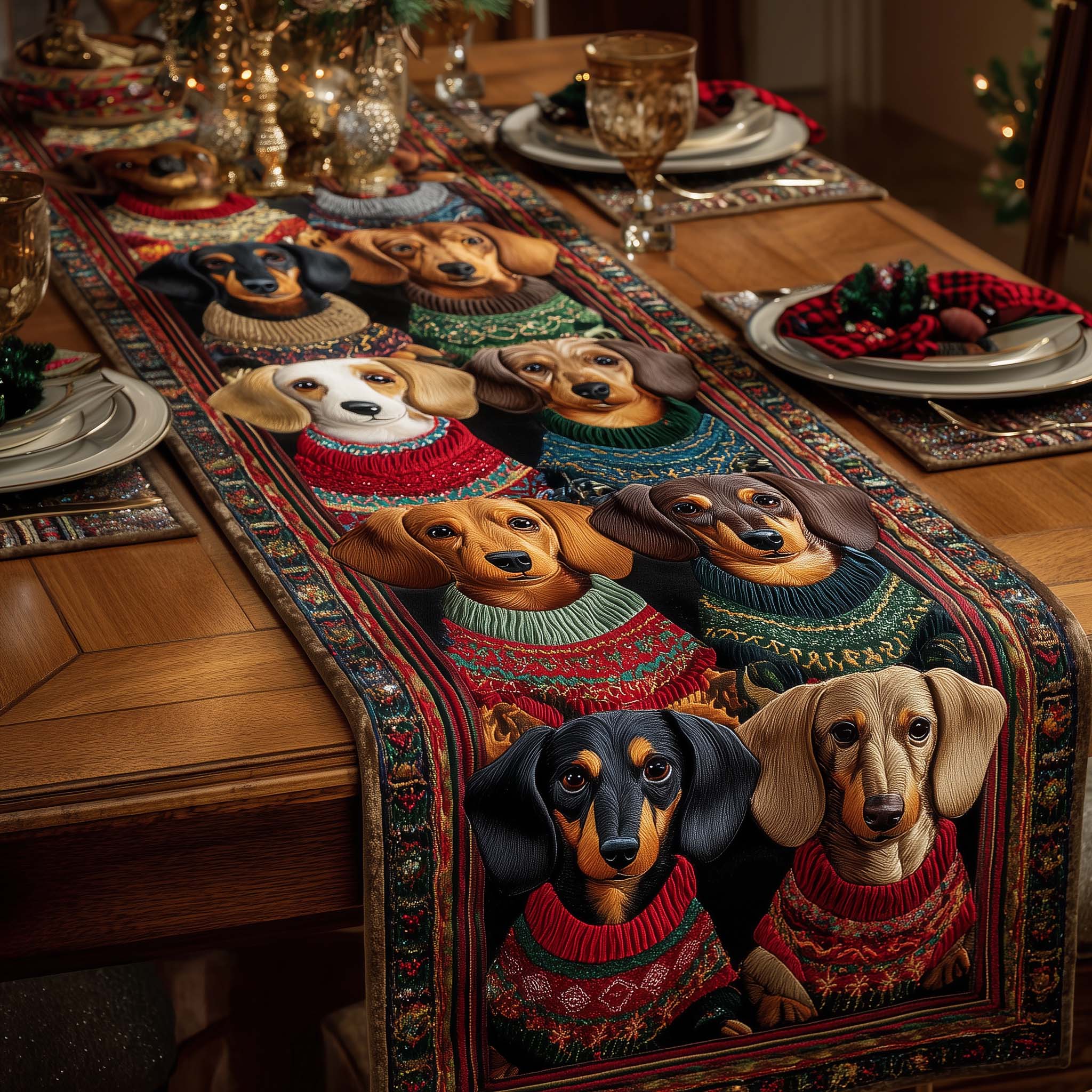 Merry Dachshund Charm Quilted Table Runner Holiday Runner Dining Great Christmas Ideas Presents