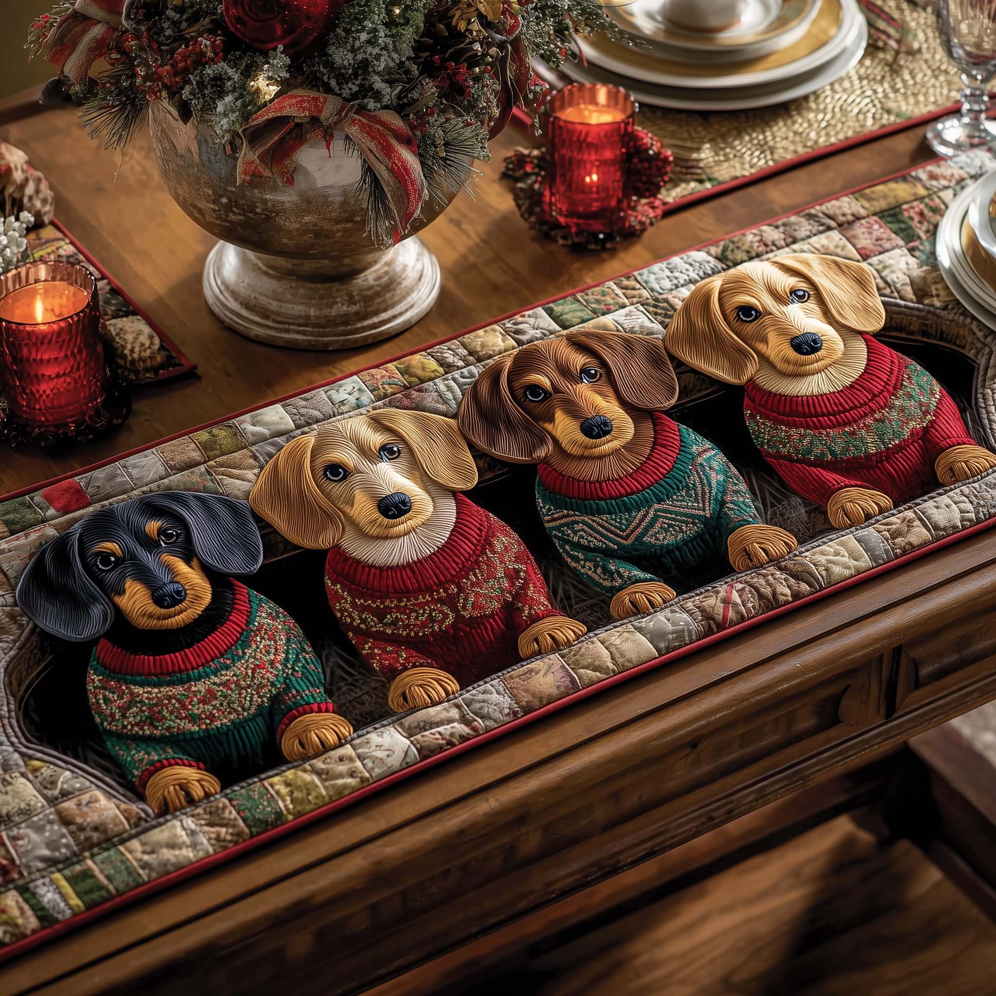 Merry Dachshund Charm Quilted Table Runner Holiday Table Runners Christmas Gifts For Girlfriend