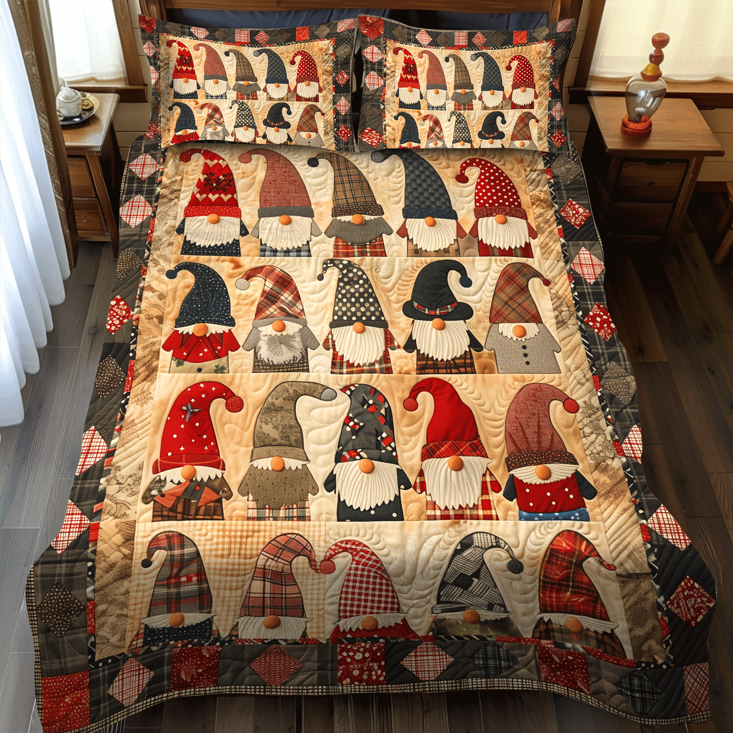 Merry Gnome Quilted Bedding Set Holiday Duvet Cover Set Cute Gnome Gifts