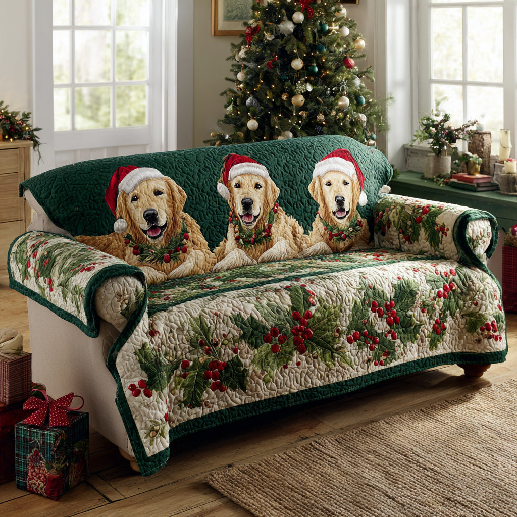 Merry Golden Retriever Quilted Sofa Cover Christmas Decorations Indoor Christmas Gifts For Wife