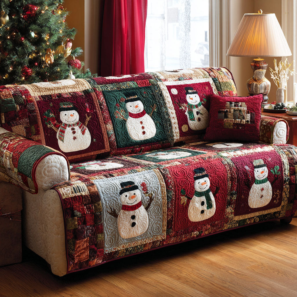 Merry Snowmen Quilted Sofa Cover Winter Living Room Decor Family Christmas Present Ideas