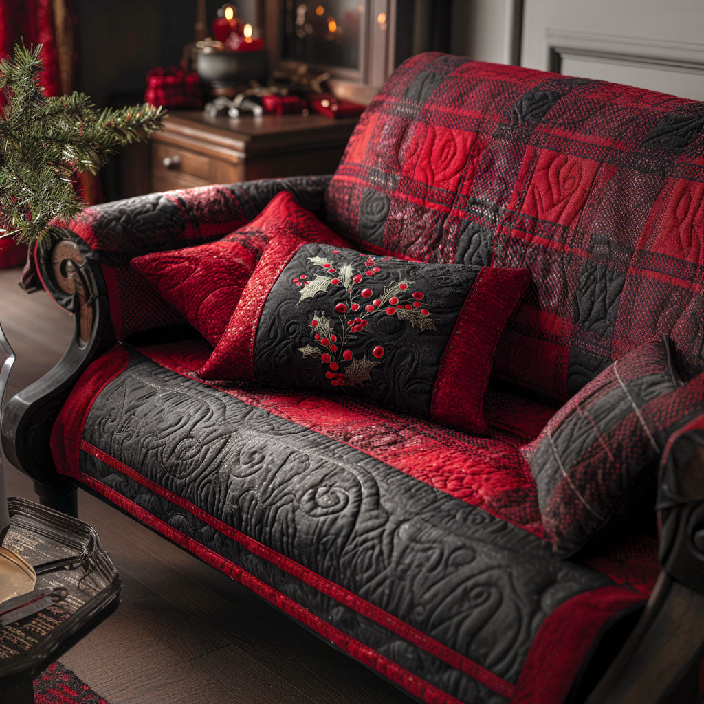 Merry Tartan Quilted Sofa Cover Living Room Winter Decor Xmas Gifts For Family