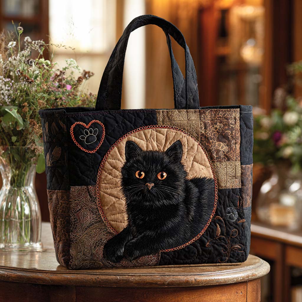 Midnight Charm Quilted Tote Bag Perfect Shoulder Bag Cat Lover Gifts For Her