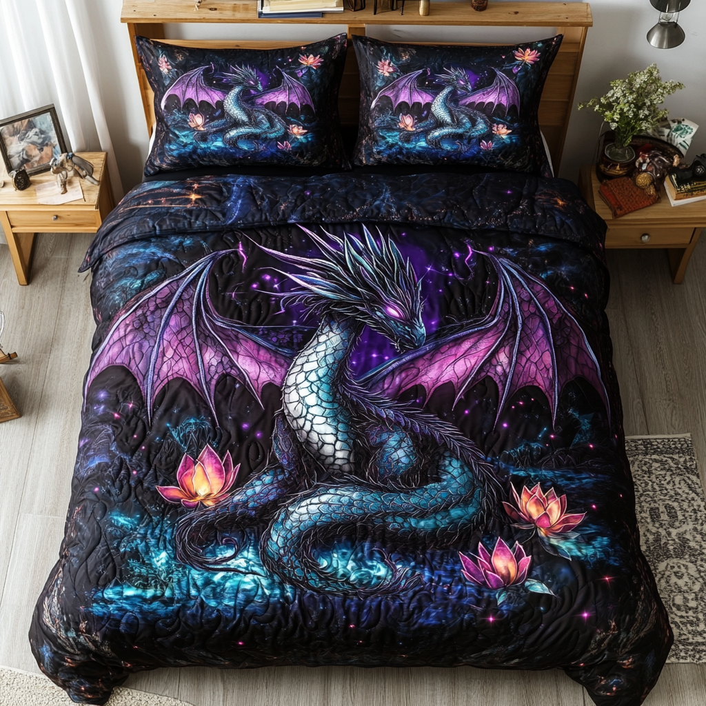Midnight Dragon Realm Quilted Bedding Set Cute Bed Sheets For Teens Dragon Themed Gift Items