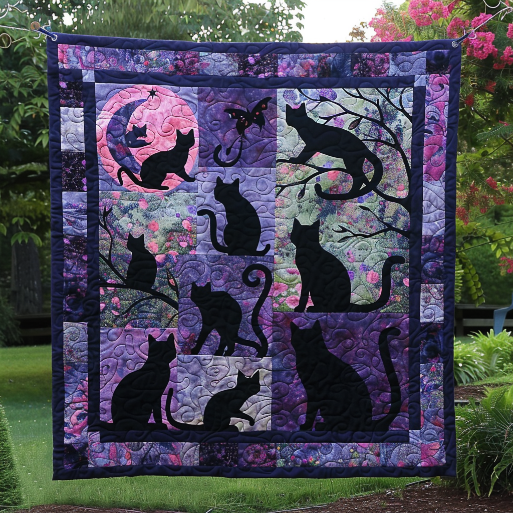 Midnight Garden Black Cats Quilted Blanket Comforter Sets Queen Presents For Cat People