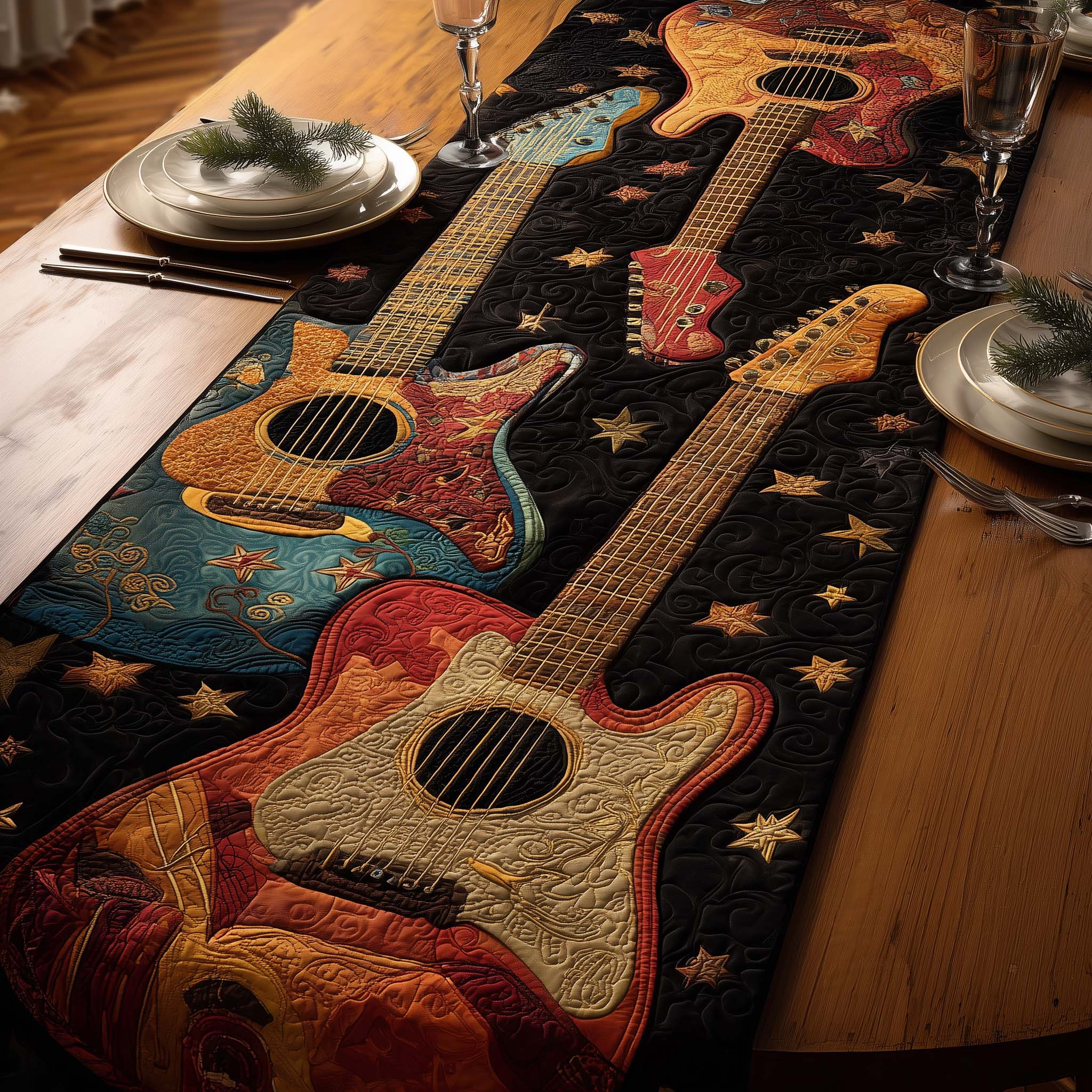Midnight Guitars Quilted Table Runner Dining Table Decor Ideas Unique Gifts For Guitar Players