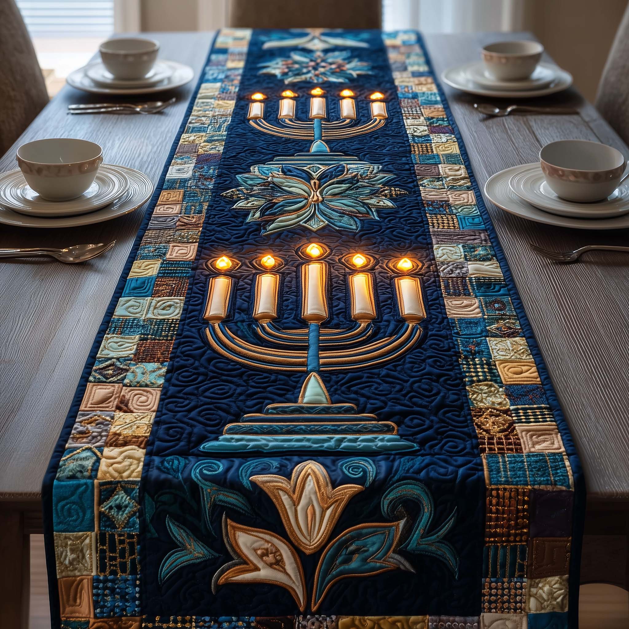 Midnight Menorah Quilted Table Runner Kitchen Decor Hanukkah Appropriate Gifts