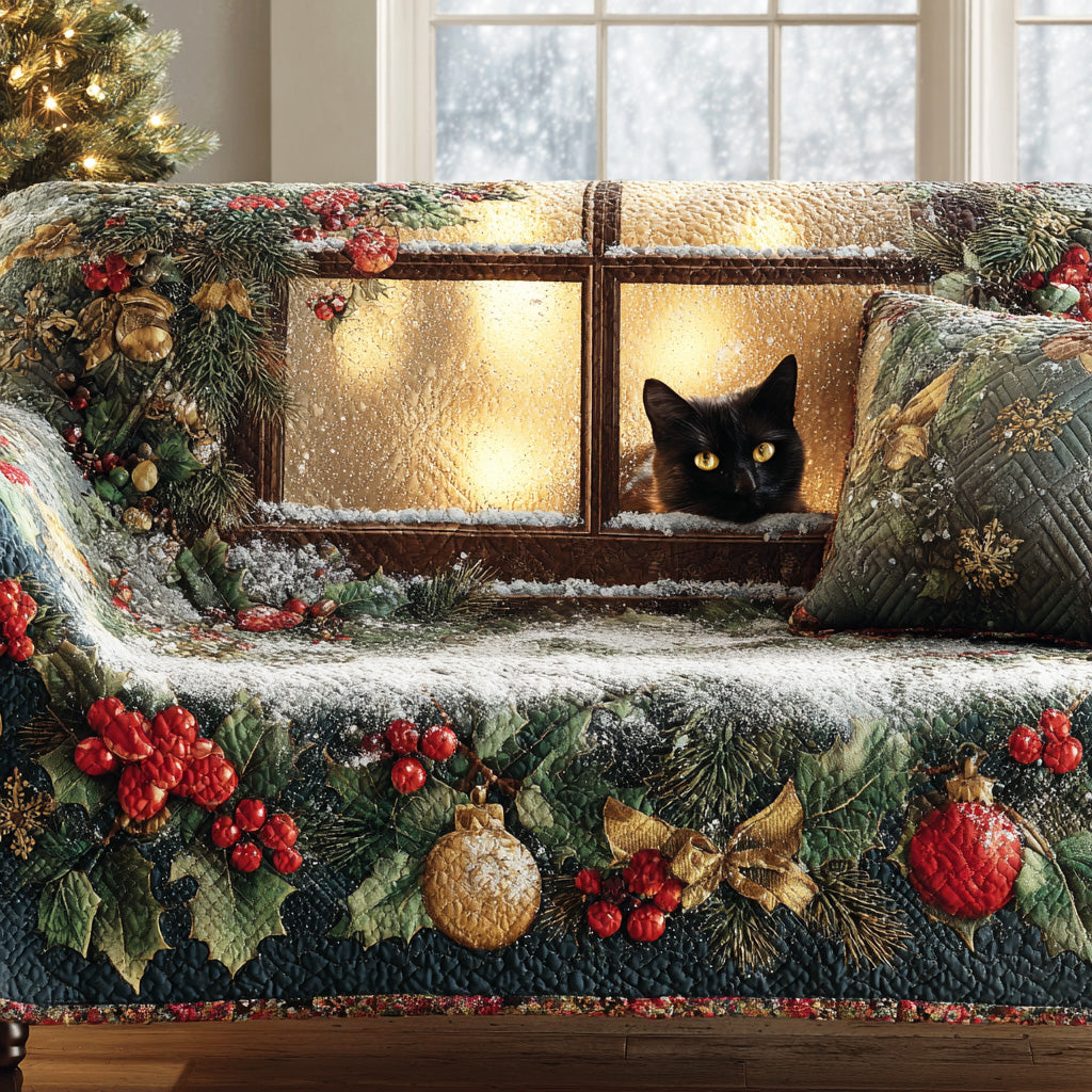 Midnight Noel Quilted Sofa Cover Couch Protector Black Cat Presents