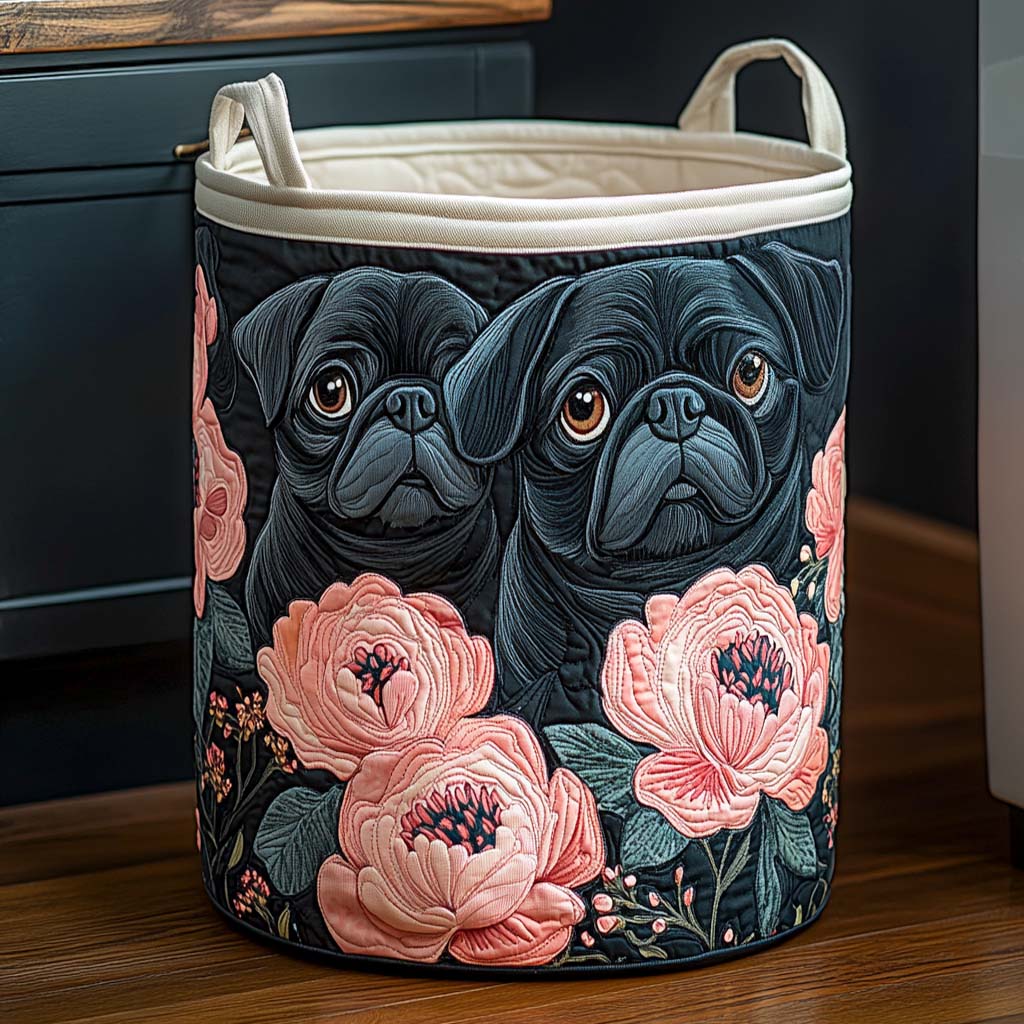 Midnight Pug Blossoms Quilted Laundry Basket Unique Clothes Hamper Pug Gifts For Men