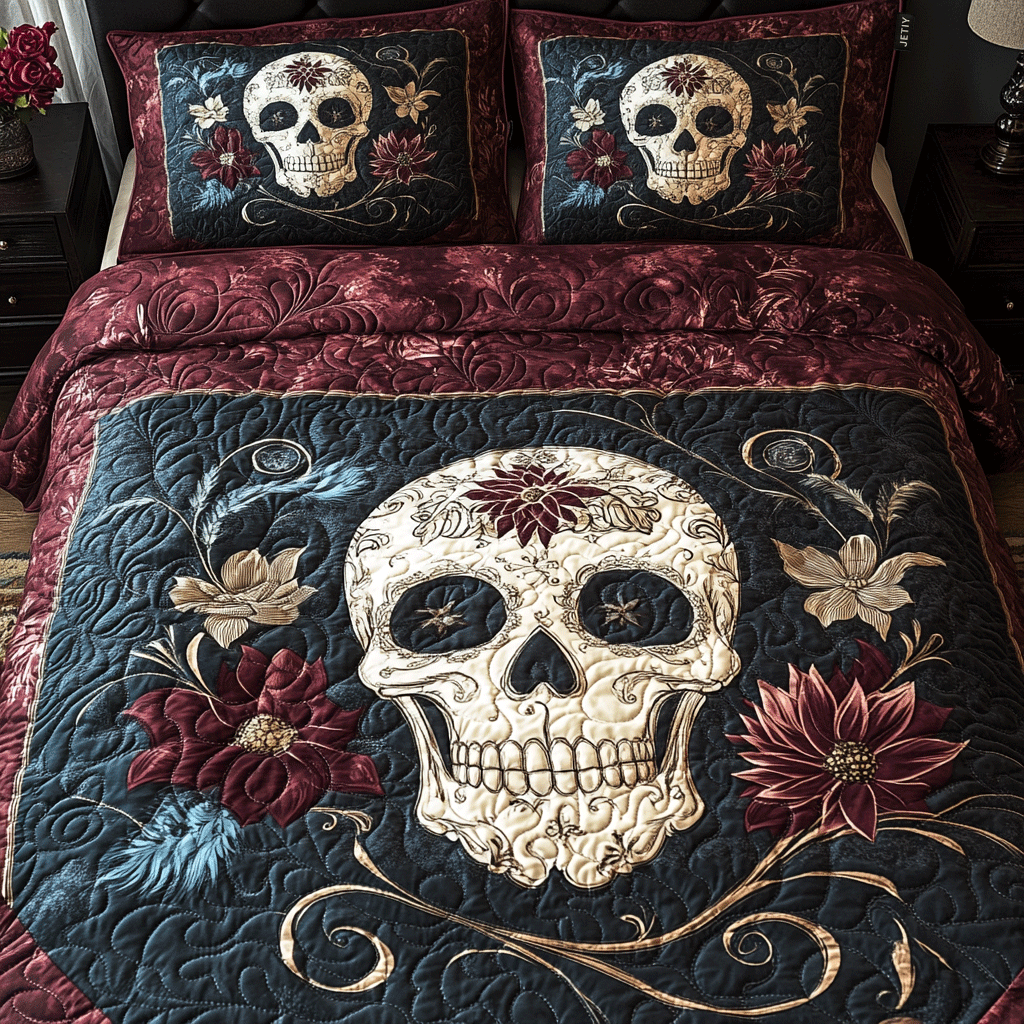 Midnight Skull Bloom Quilted Bedding Set Best Bed Sheet Set Skull Gifts For Her