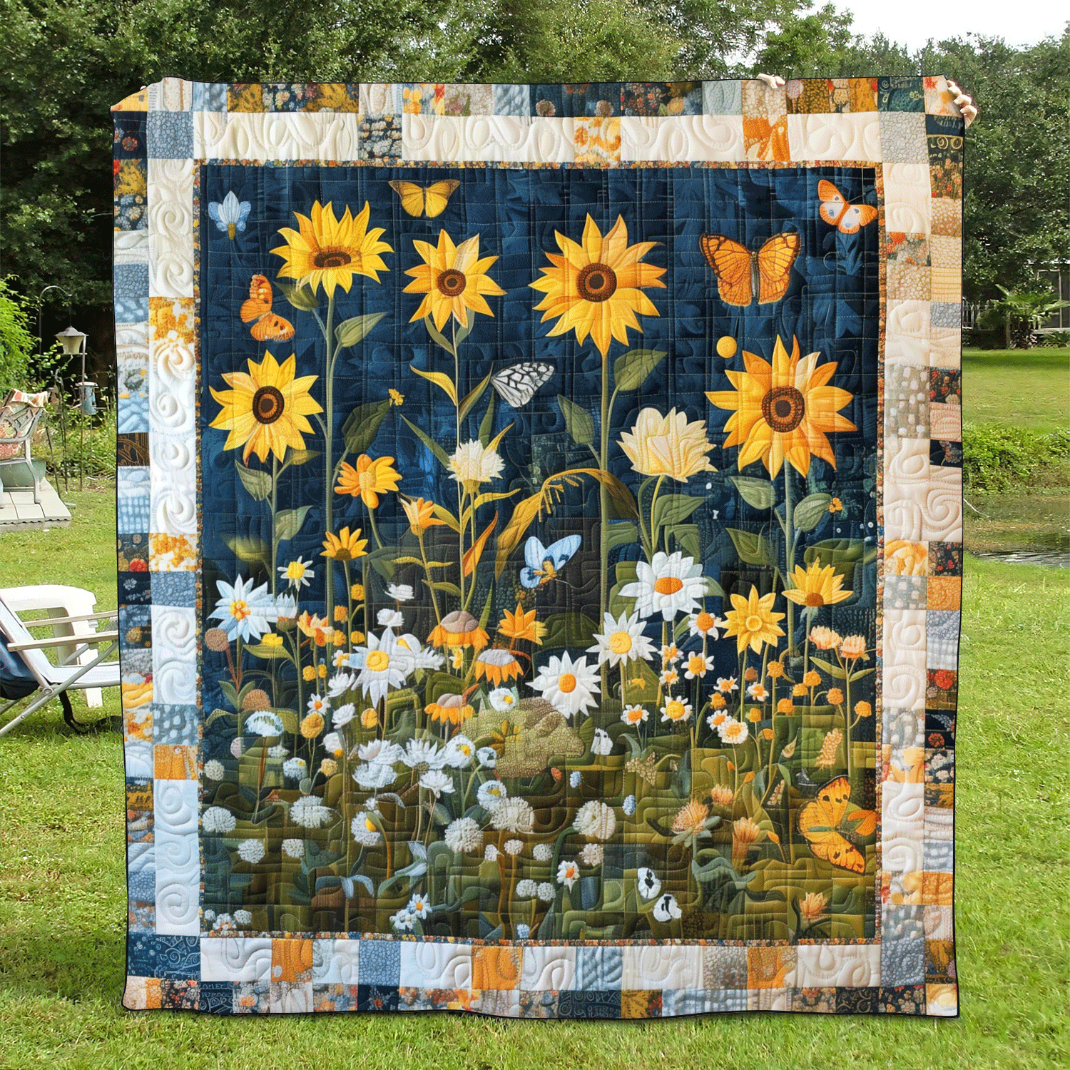 Midnight Sunflowers Quilted Blanket Queen Bed Set Special Birthday Gifts For Mom