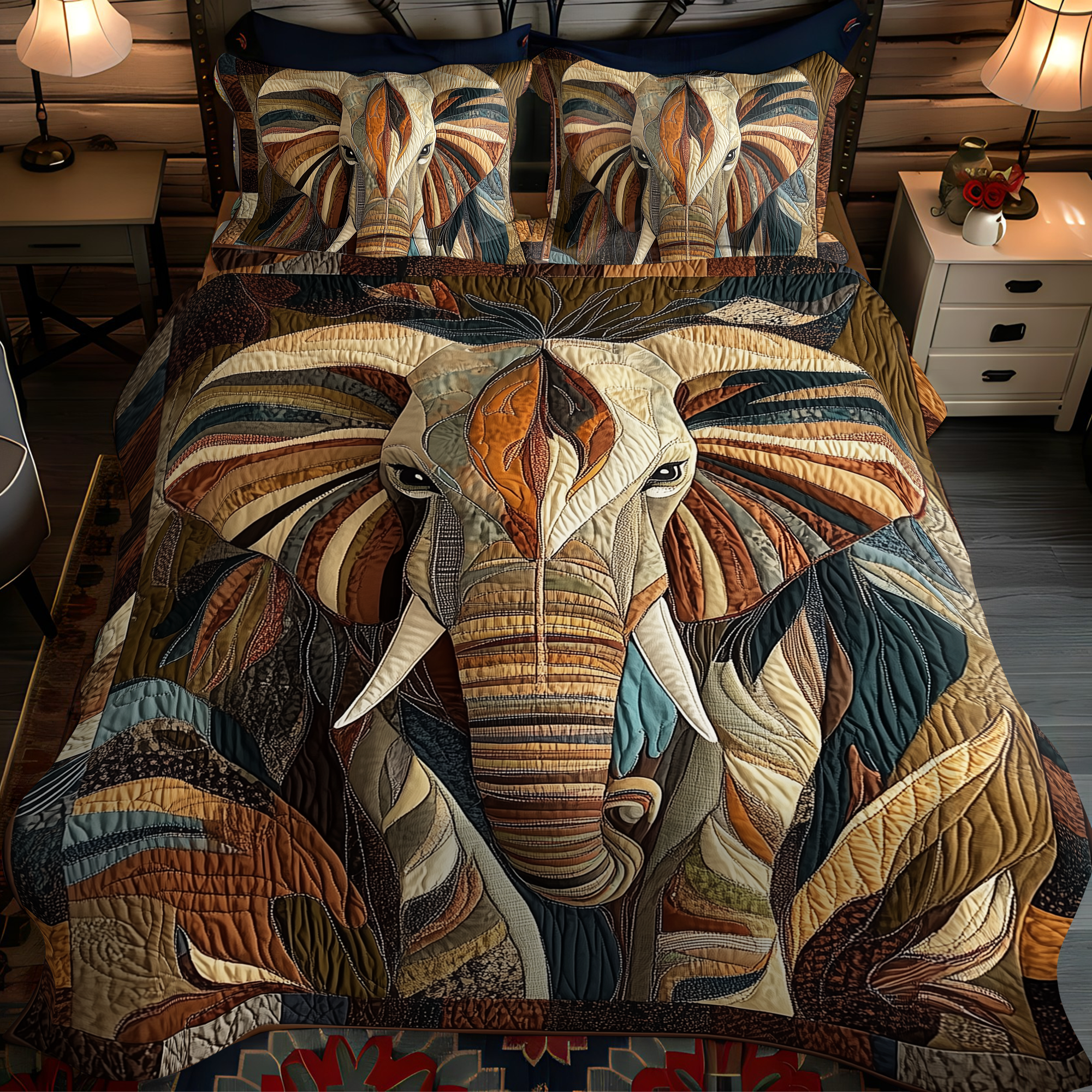 Midnight Wanderer Quilted Bedding Set Cozy Bedroom Decor Gift For Elephant Lovers