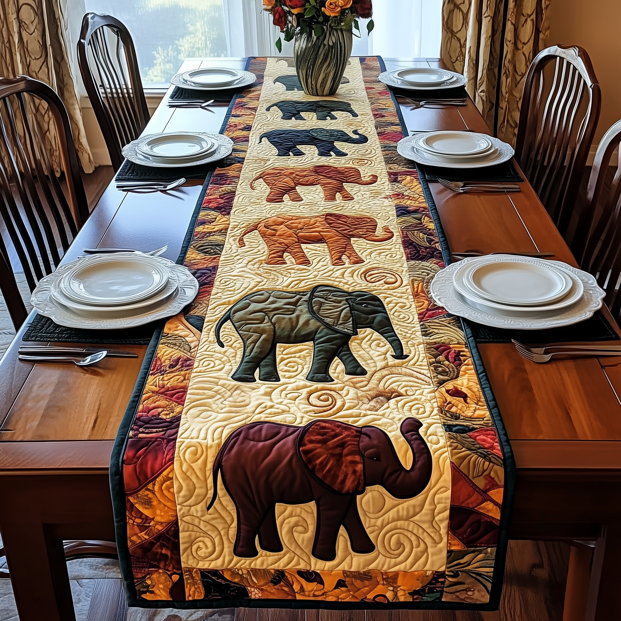 Mighty Elephant Quilted Table Runner Holiday Runner Dining Gift For Elephant Lovers