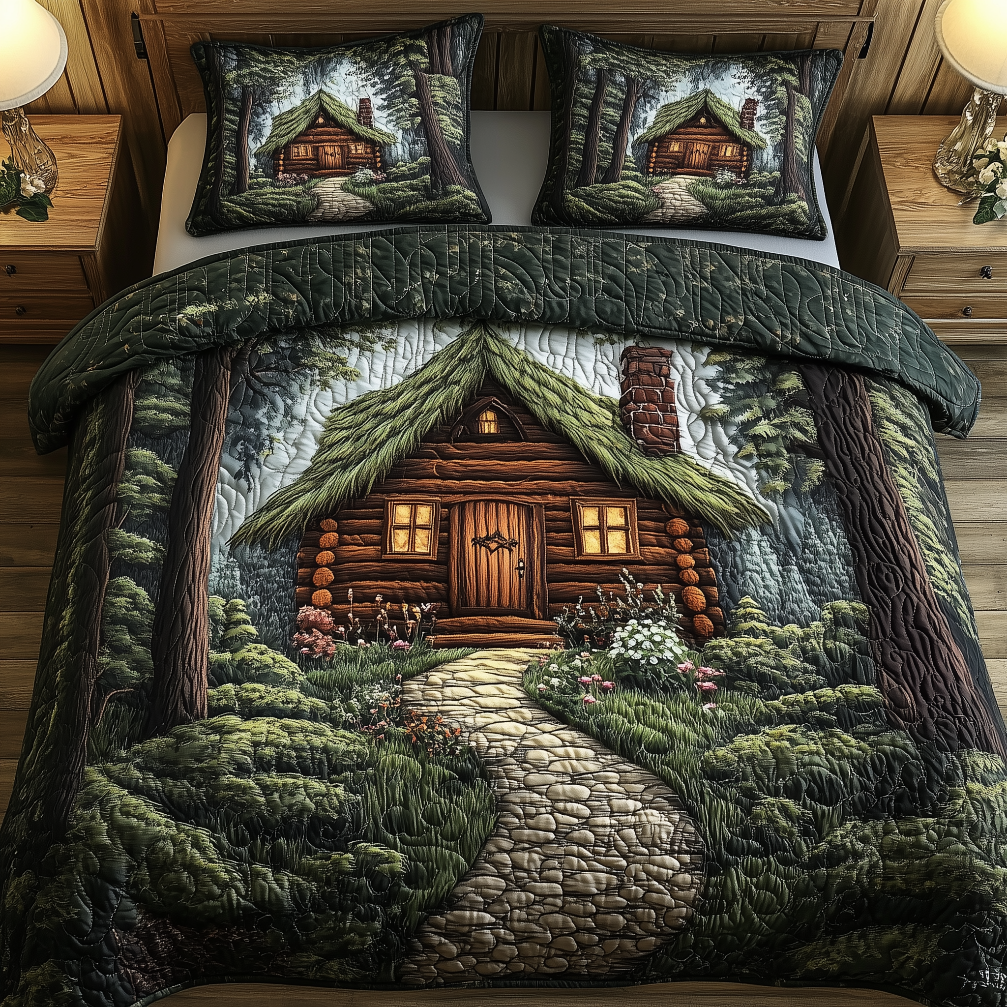 Mistique Forest Log Cabin Quilted Bedding Set Bedroom Decor Sentimental Father's Day Gifts
