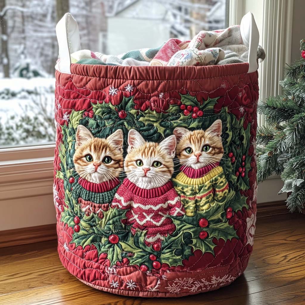 Mistletoe Meow Quilted Laundry Basket Dirty Clothes Basket Grandparent Xmas Presents