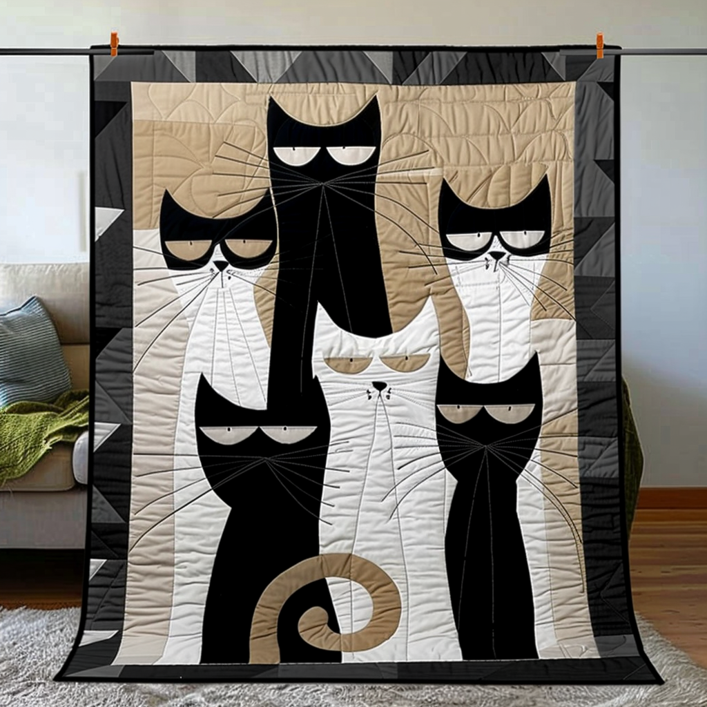 Monochrome Cats Quilted Blanket Unique Bed Sheet Set Cat Person Presents