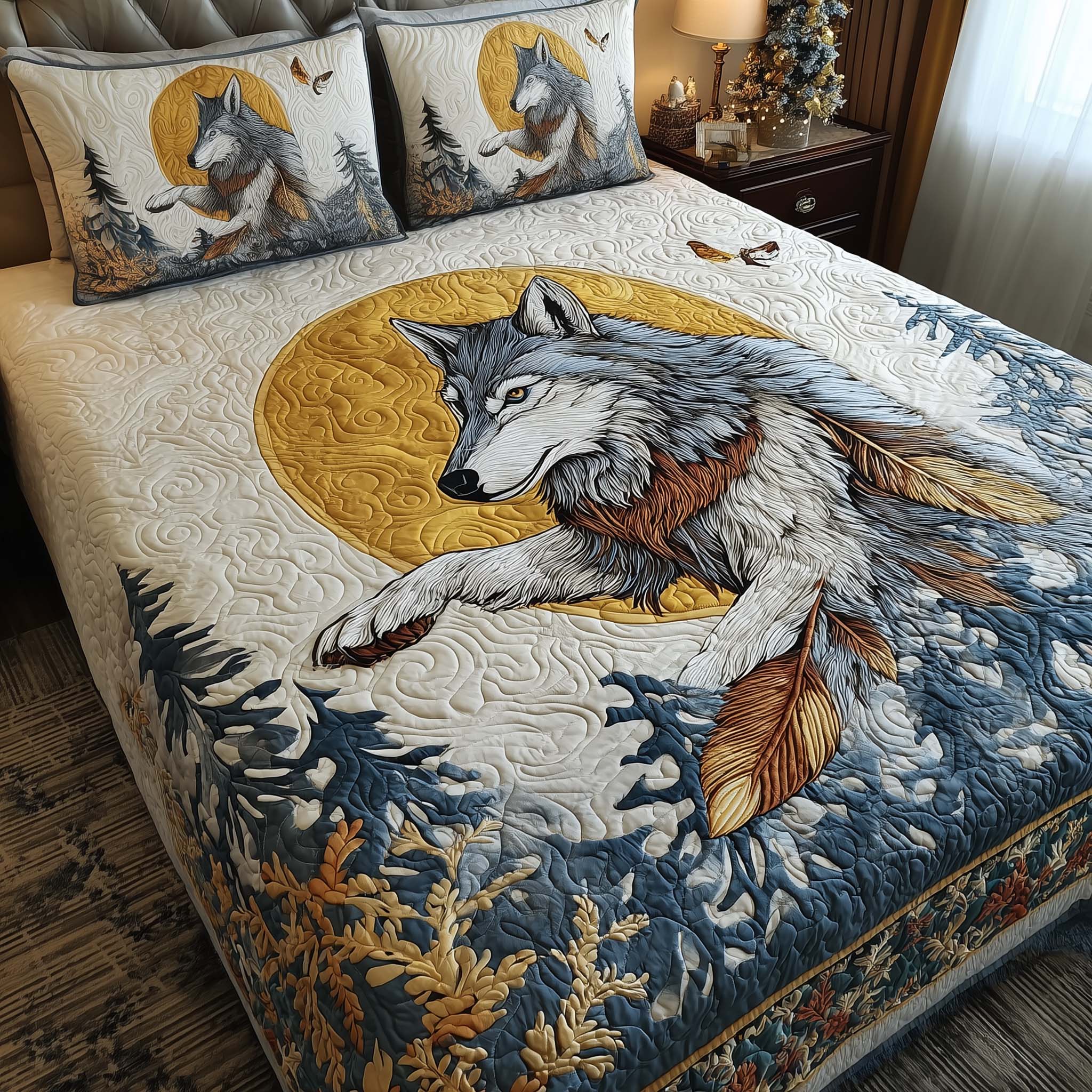Moon Wolf Quilted Bedding Set Christmas Bedding On Sale Christmas Gifts For Wolf Lovers
