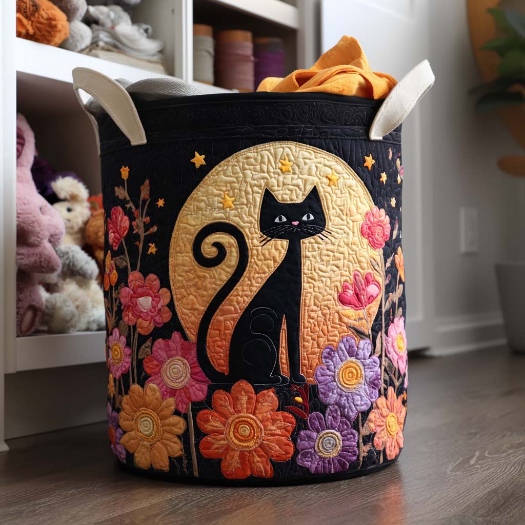 Moonlight Cat Quilted Laundry Basket Home Decor Cute Cat Gifts