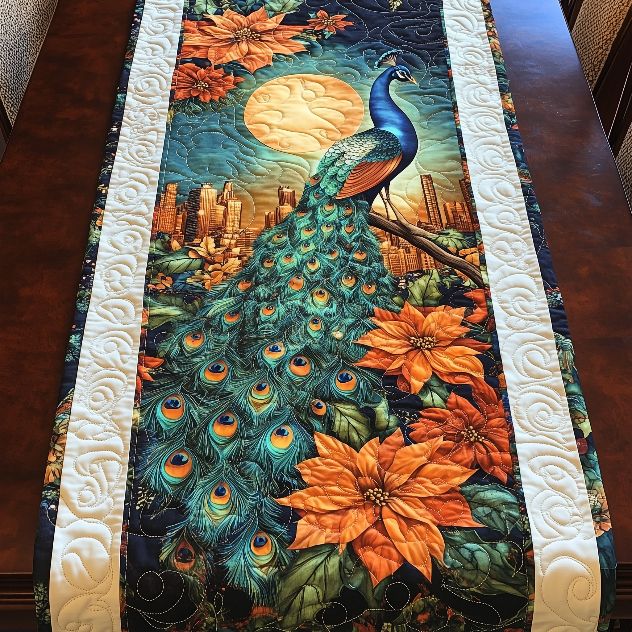 Moonlight Peacock Blossom Quilted Table Runner Unique Table Runner Ideas Peacock Home Decorations