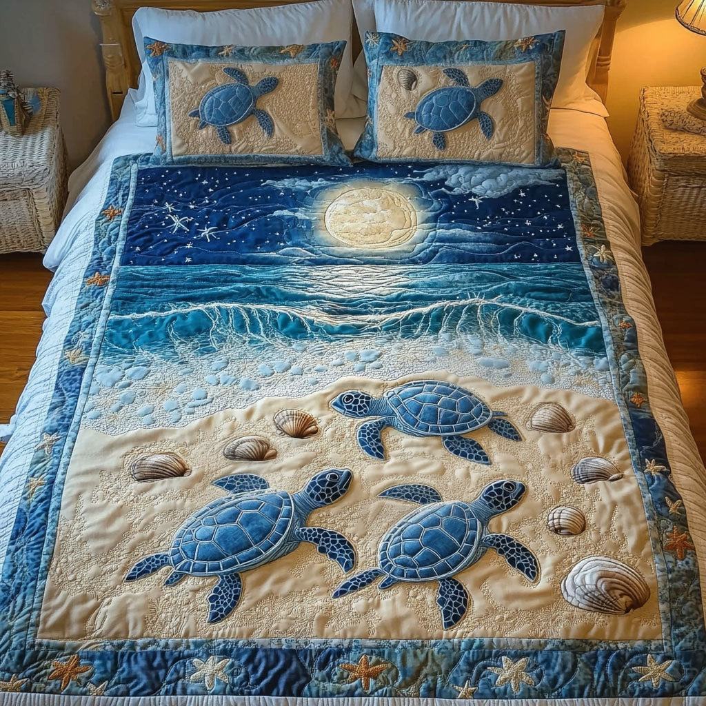 Moonlit Beach Turtles Quilted Bedding Set Cute Queen Bed Sheets Sea Turtle Stuff